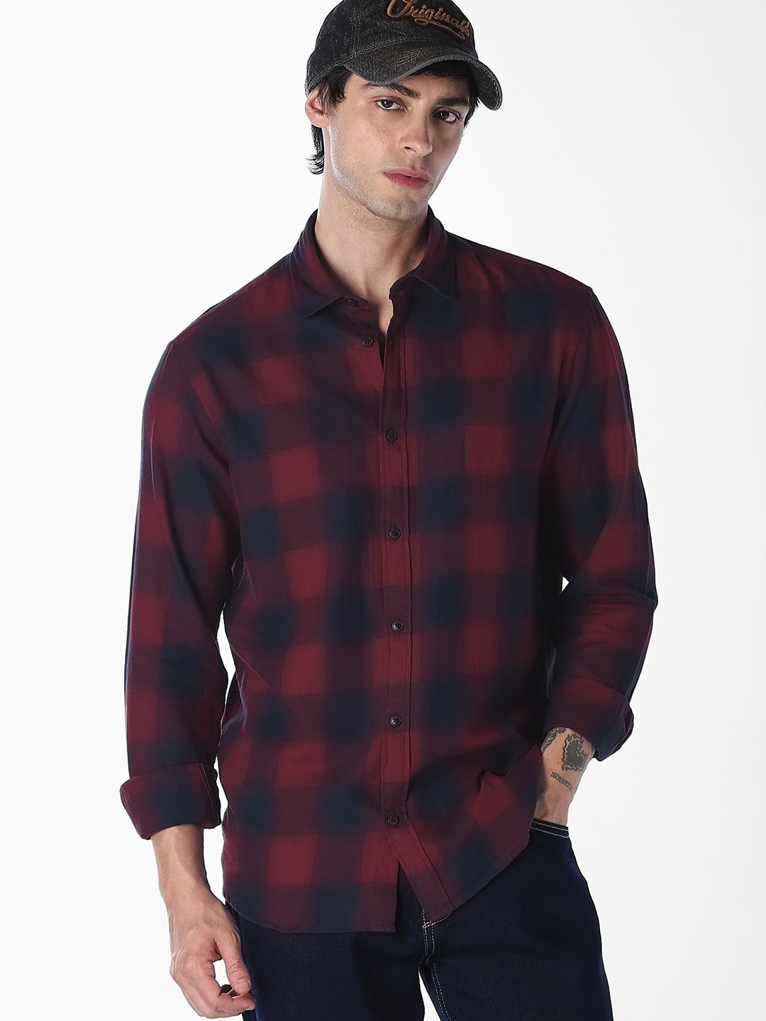 Men Burgundy Cotton Twill Checked Slim Fit Casual Shirt