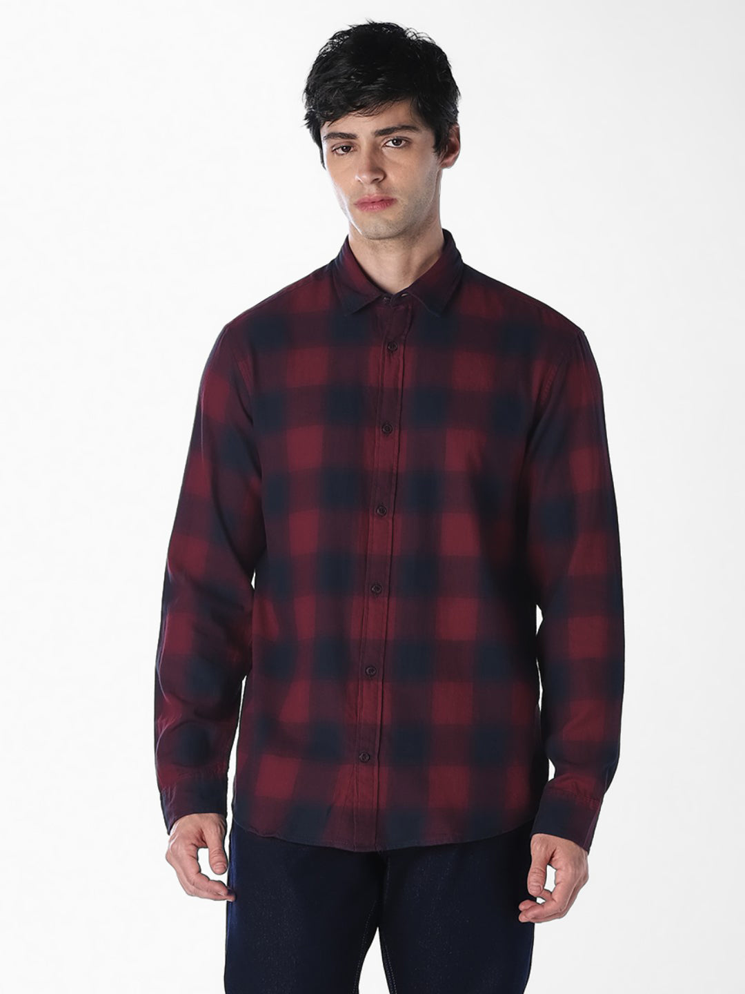 Men Burgundy Cotton Twill Checked Slim Fit Casual Shirt