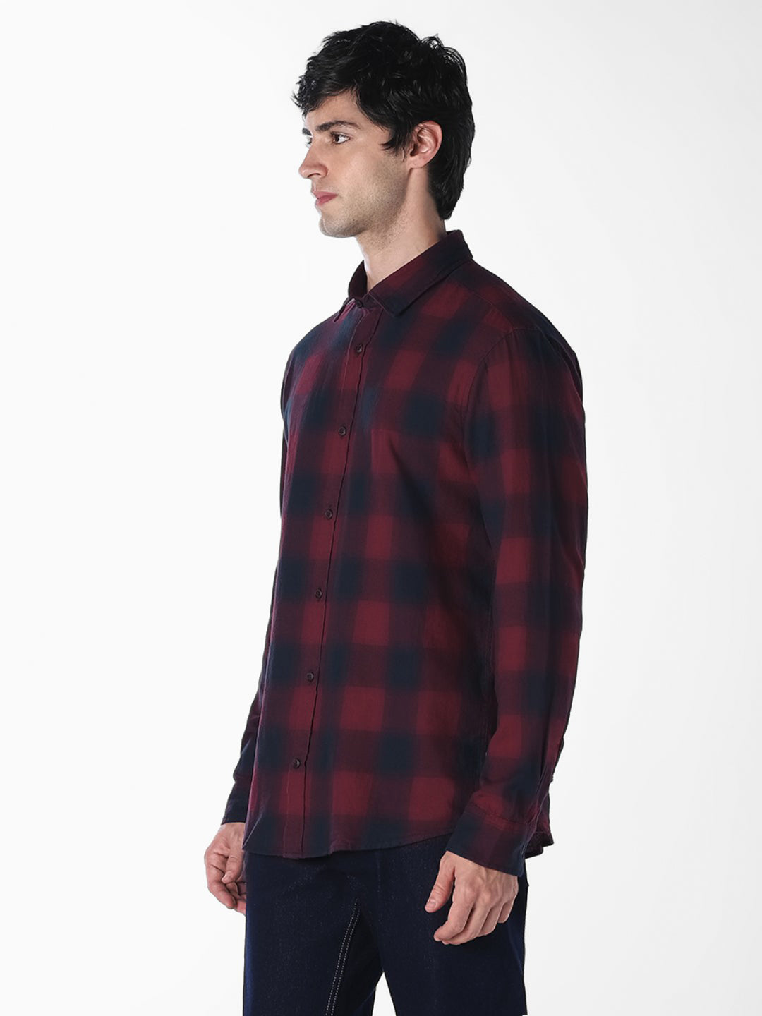 Men Burgundy Cotton Twill Checked Slim Fit Casual Shirt