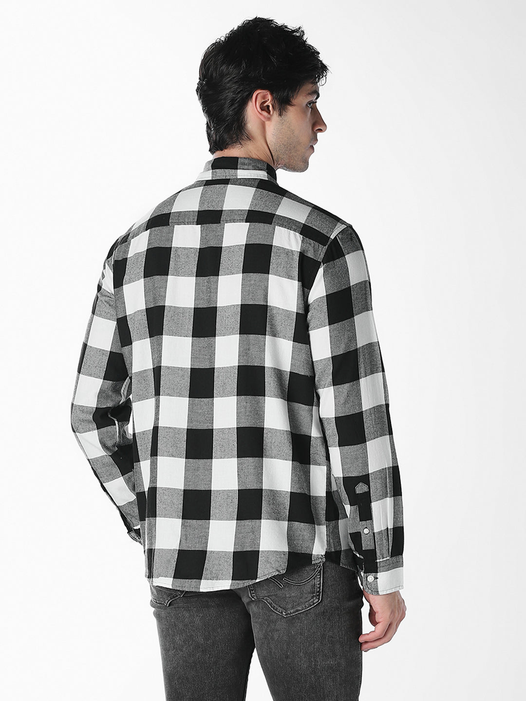Men's Slim Fit Cotton Twill Checked Shirt In White