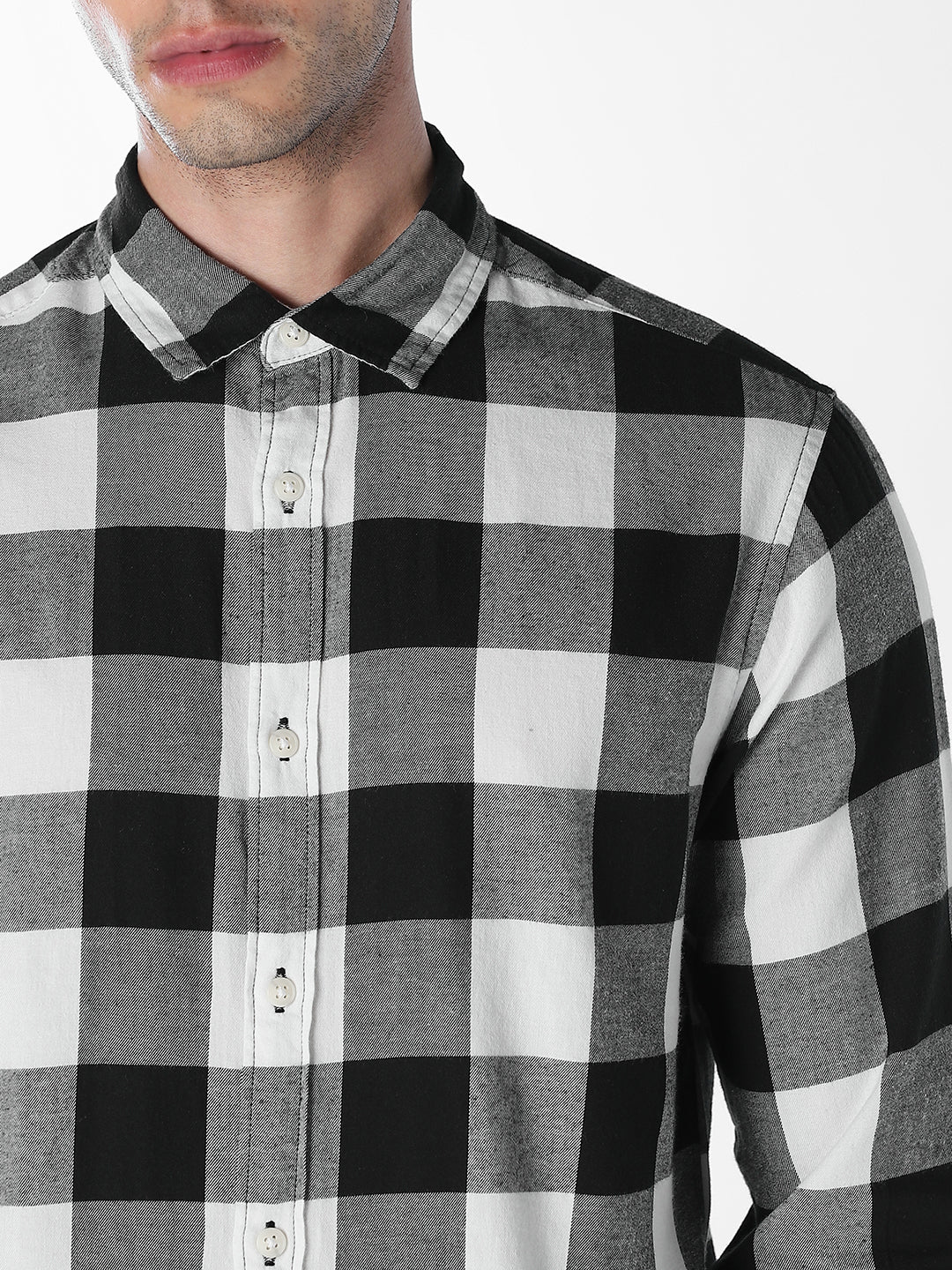 Men's Slim Fit Cotton Twill Checked Shirt In White
