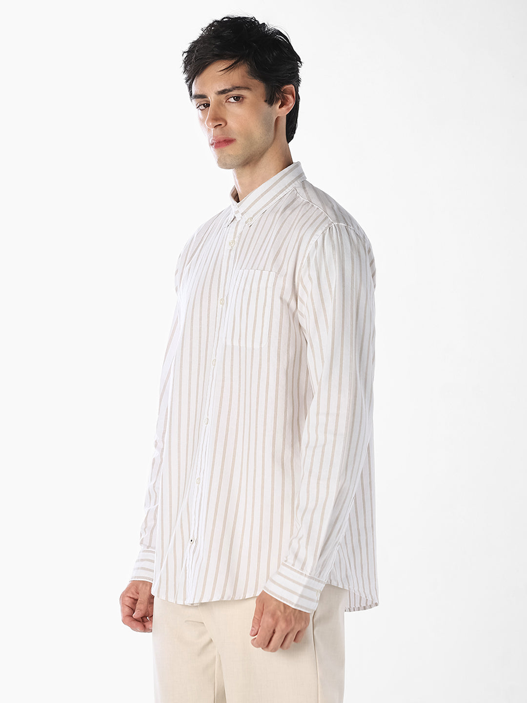 Beige Oxford Weave Striped Shirt