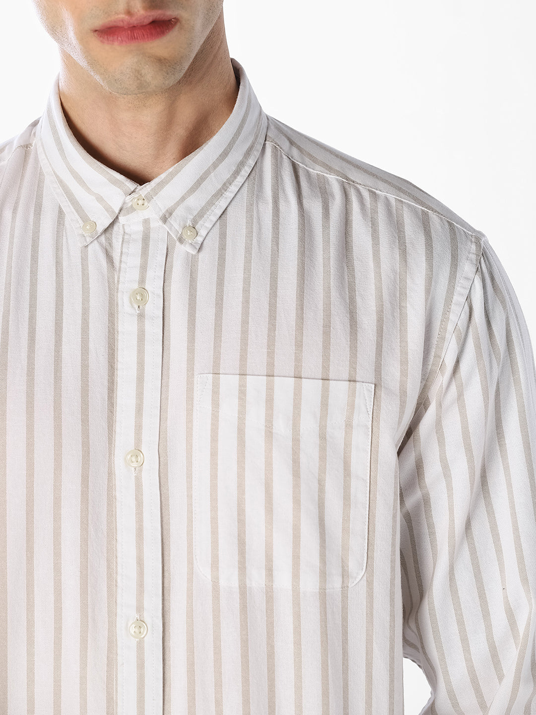 Beige Oxford Weave Striped Shirt