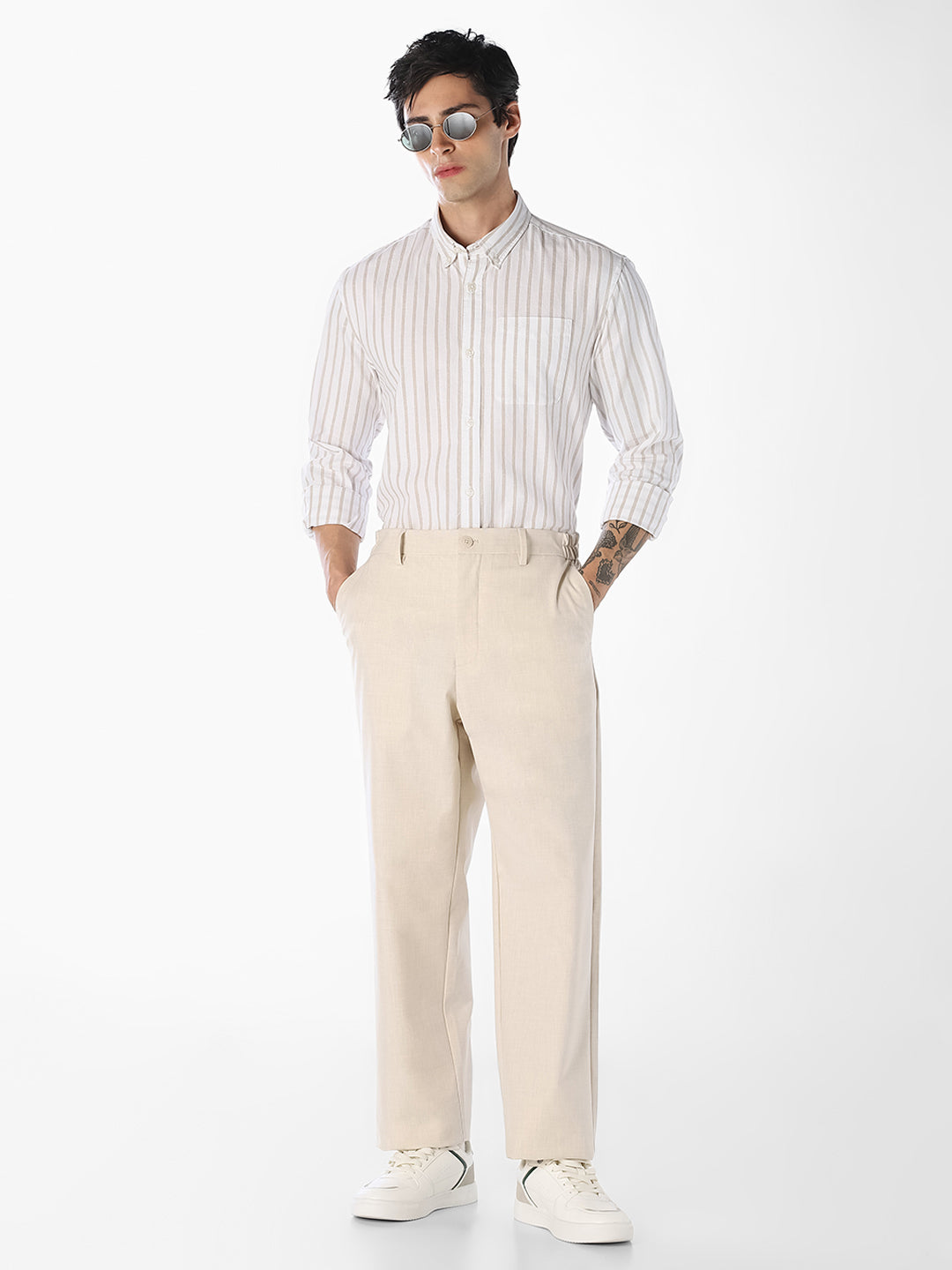 Beige Oxford Weave Striped Shirt