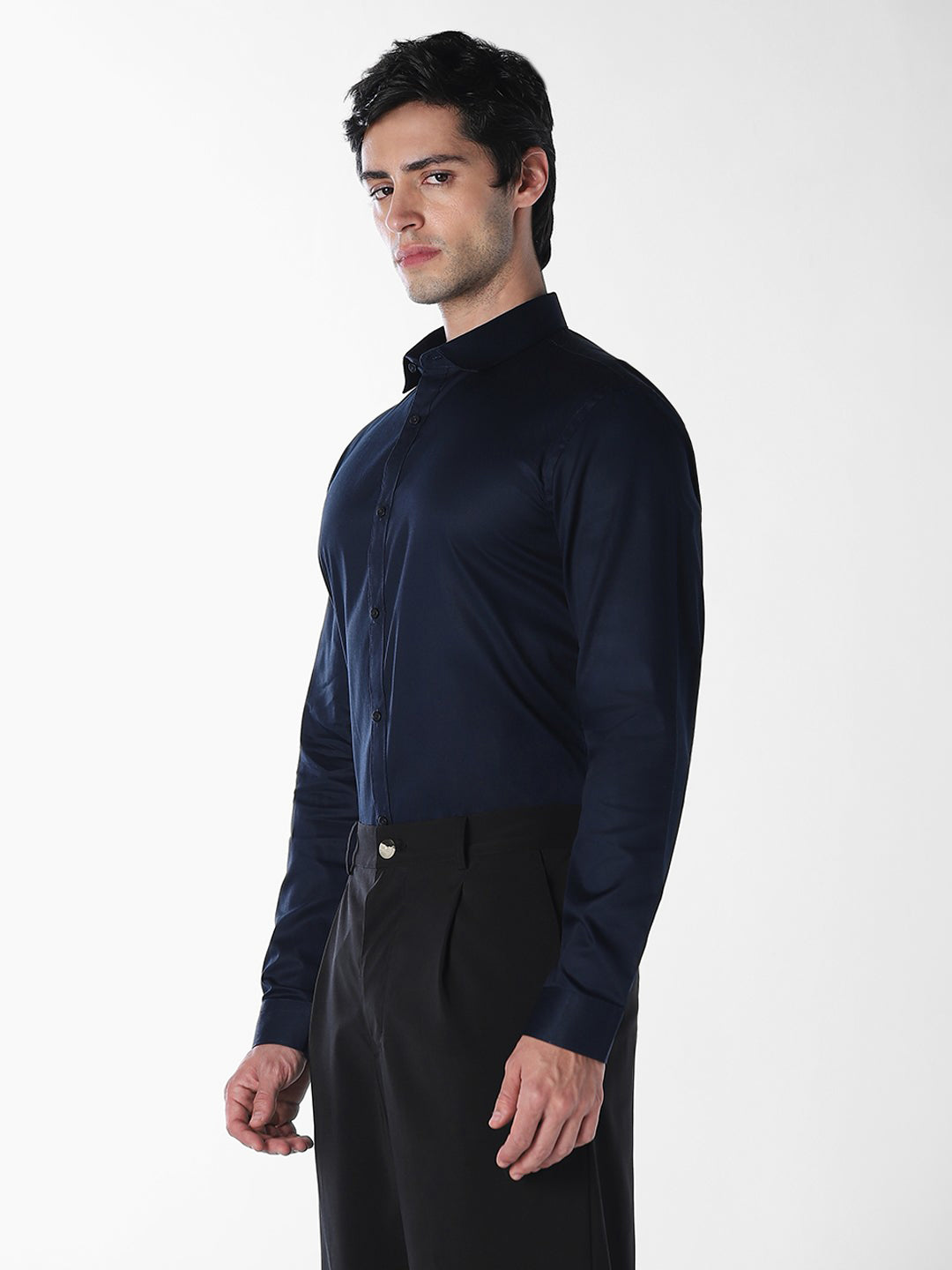 Men's Navy Blue Cotton Slim Fit Solid Formal Shirt