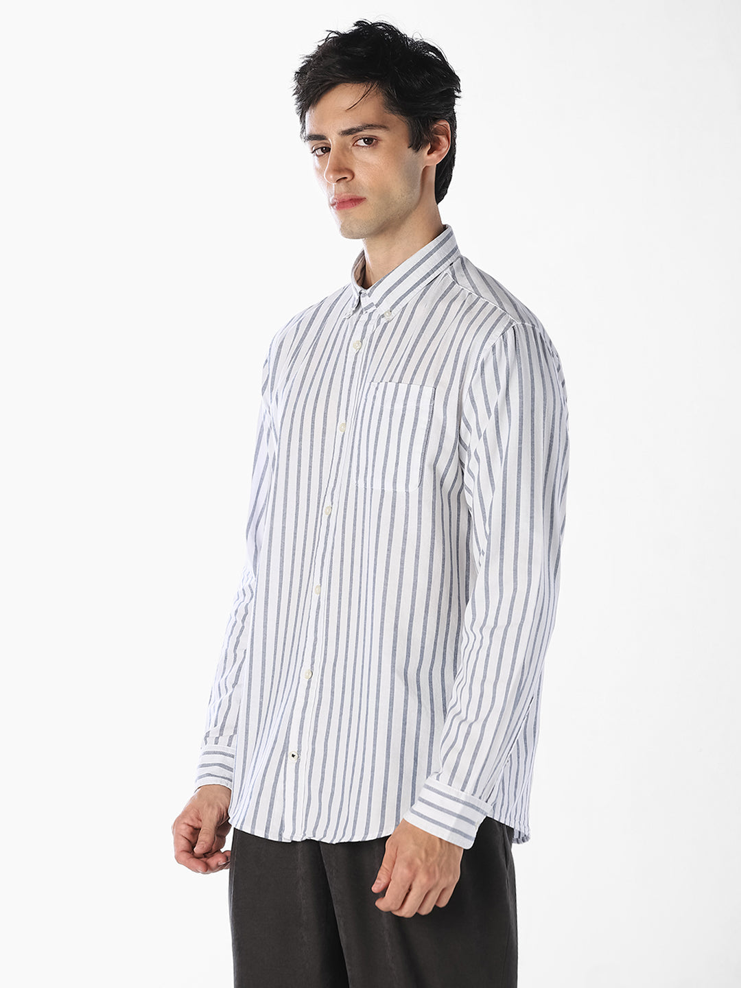 Blue Oxford Weave Striped Shirt