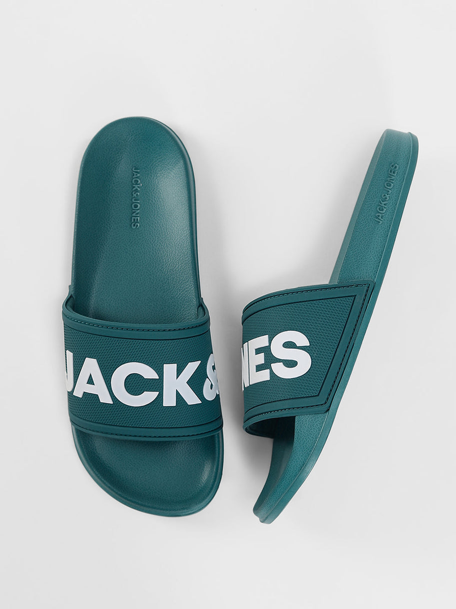 Green Logo Print Pool Sliders