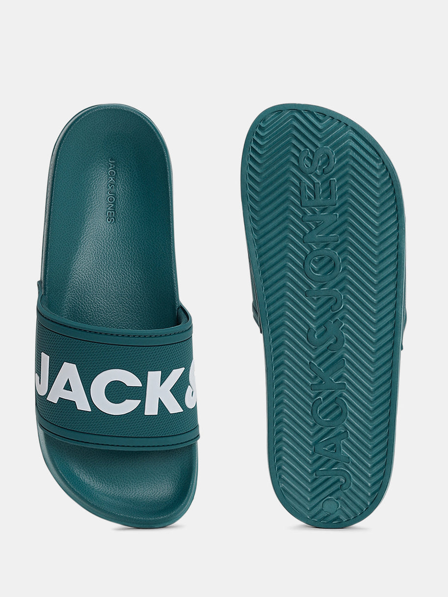 Green Logo Print Pool Sliders