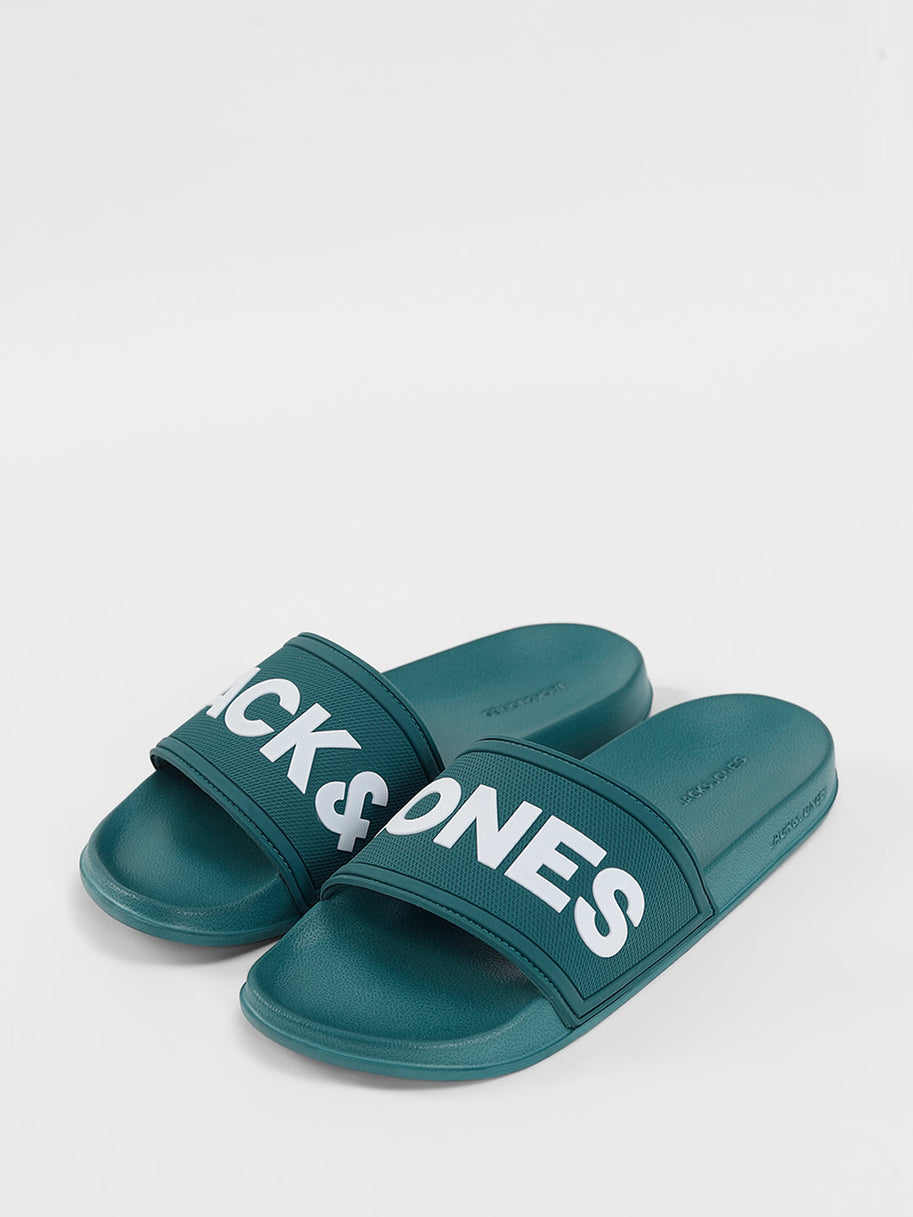 Green Logo Print Pool Sliders
