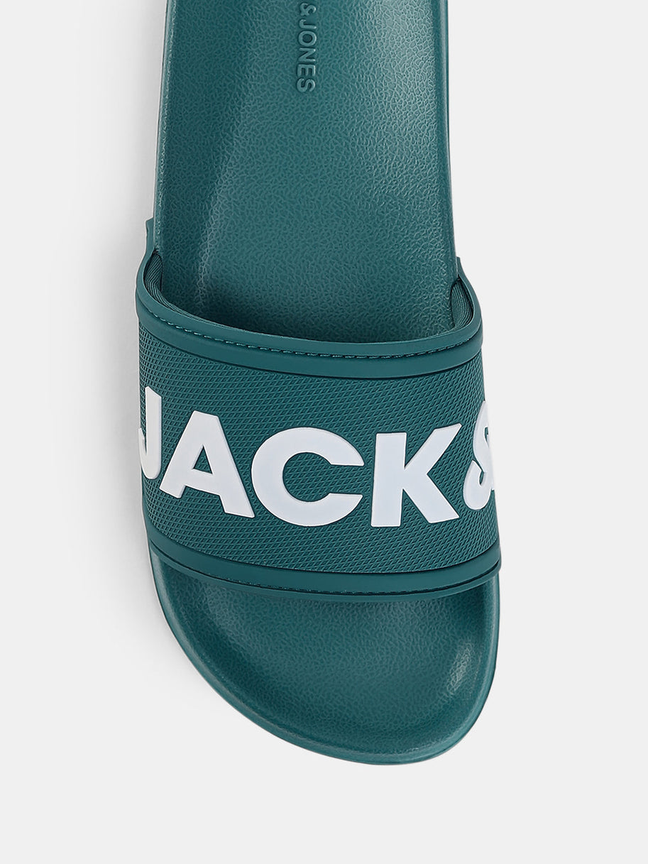 Green Logo Print Pool Sliders