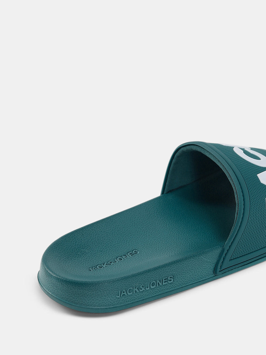 Green Logo Print Pool Sliders