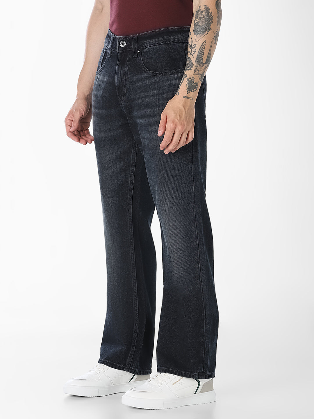Men's Dark Blue Denim Bootcut Jeans With Light Fade