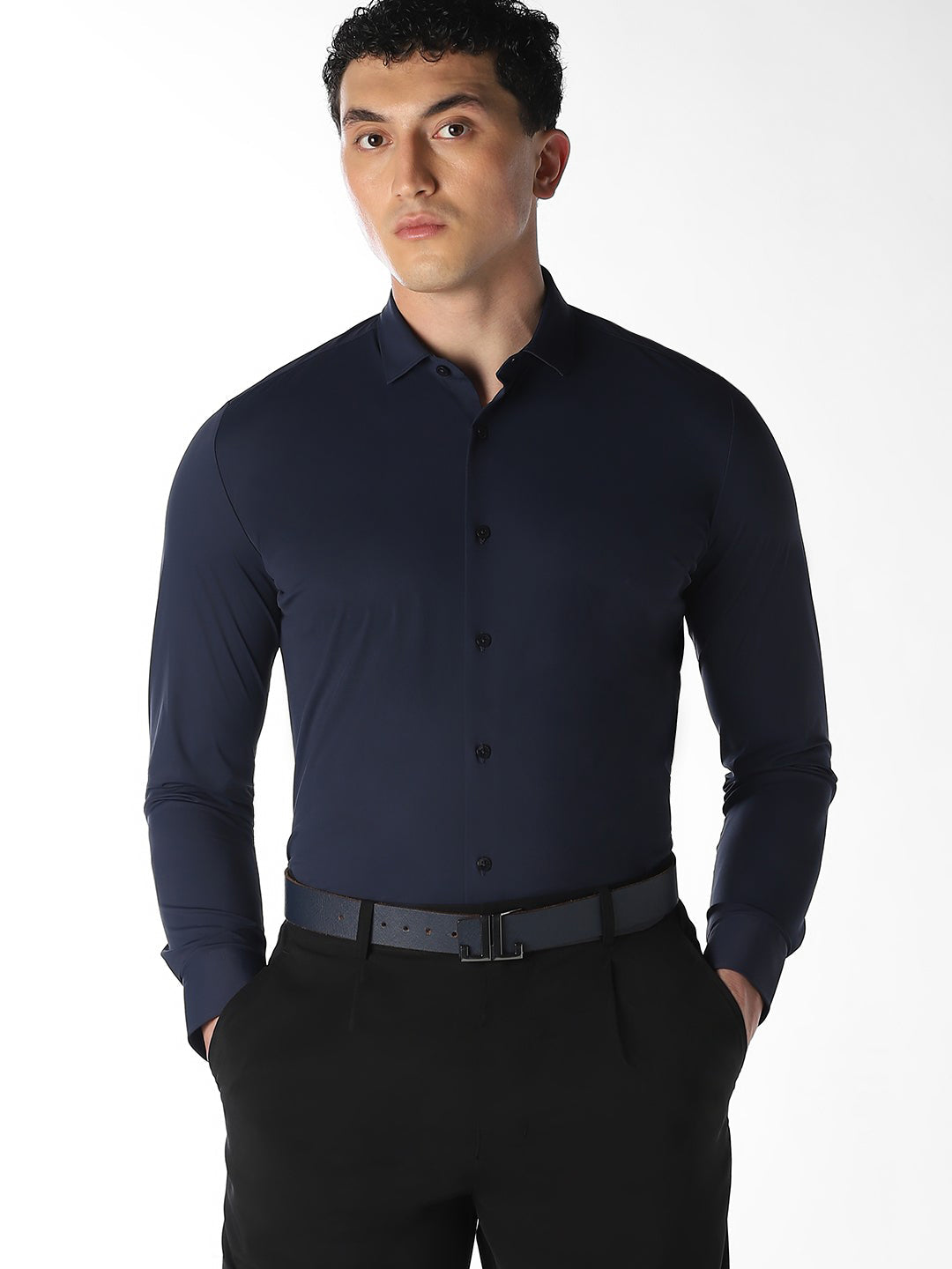Navy Blue Stretch Slim Fit Shirt