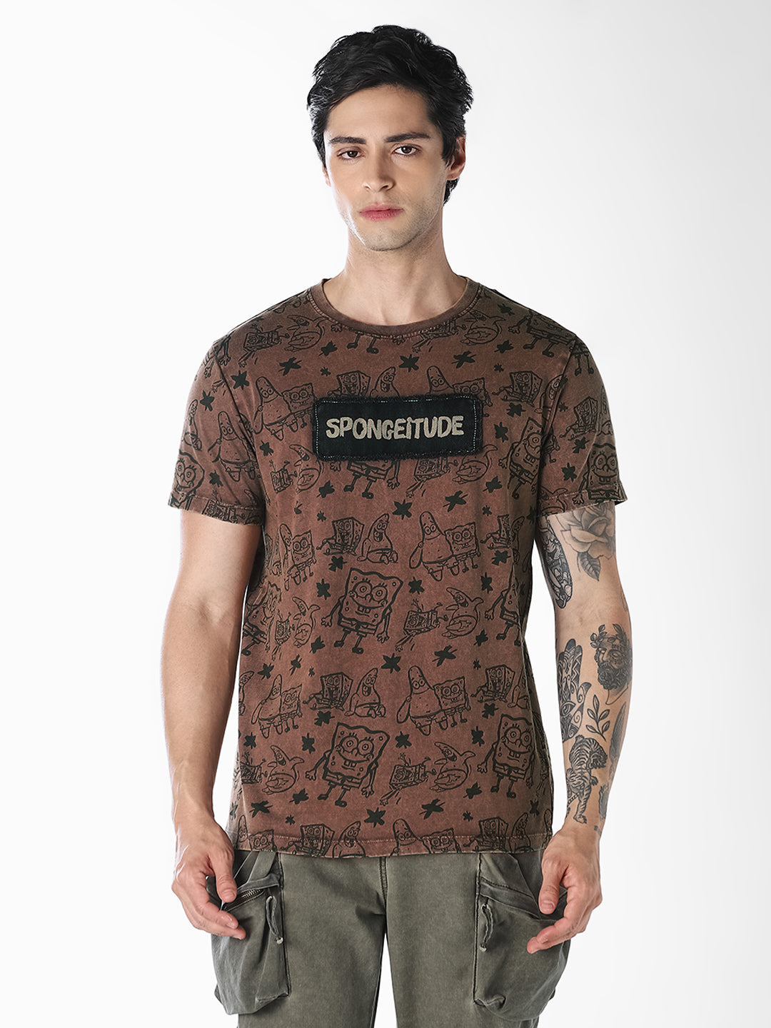 Brown SpongeBob Printed Crew Neck T-shirt
