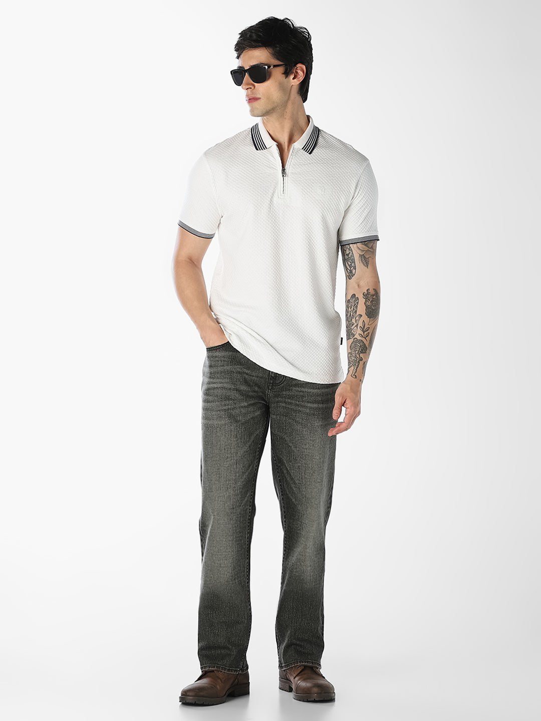 White Zip-Up Cotton Polo