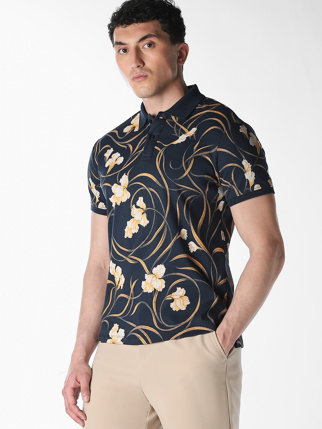 Navy Printed Cotton Polo