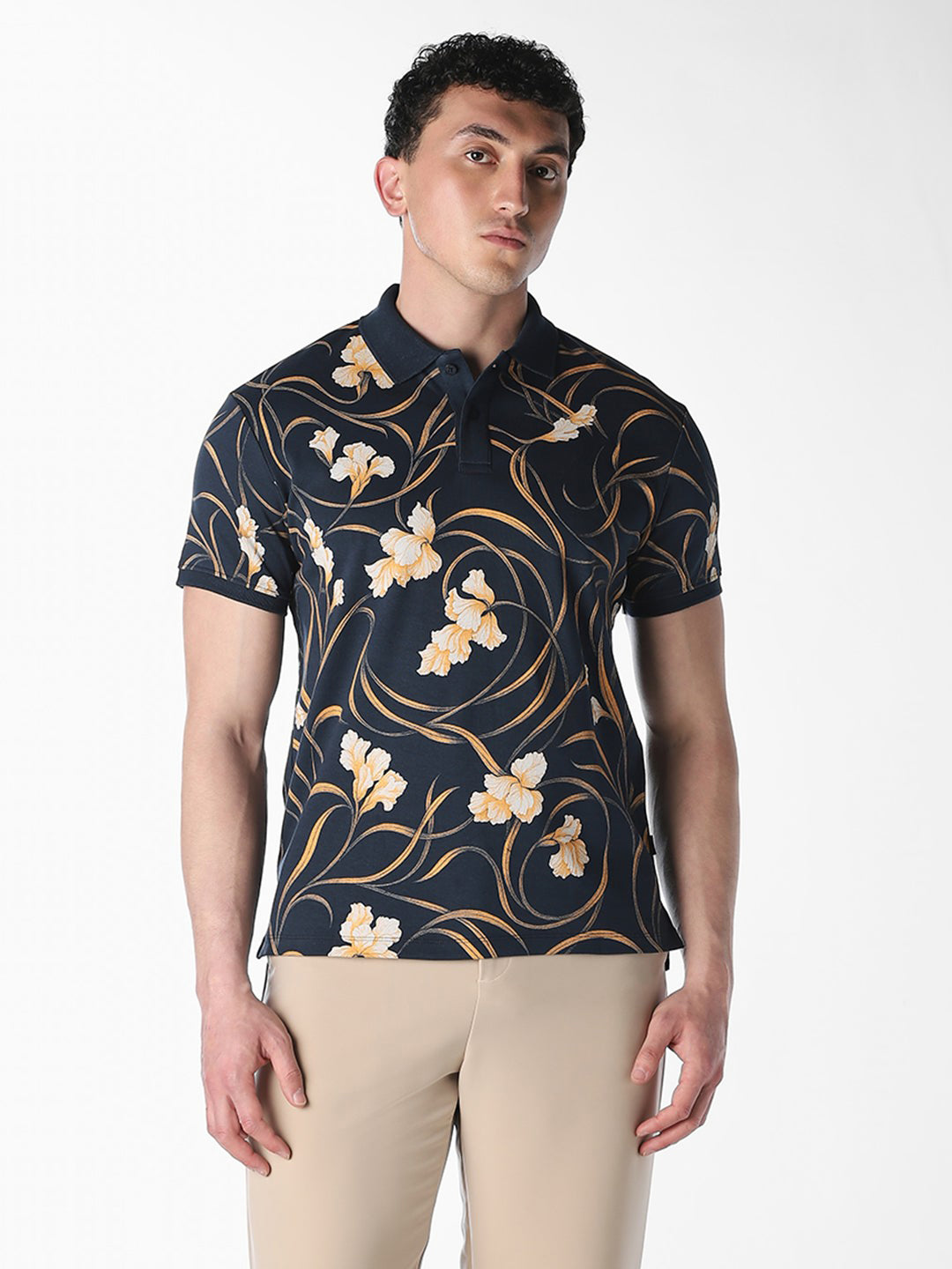 Navy Printed Cotton Polo