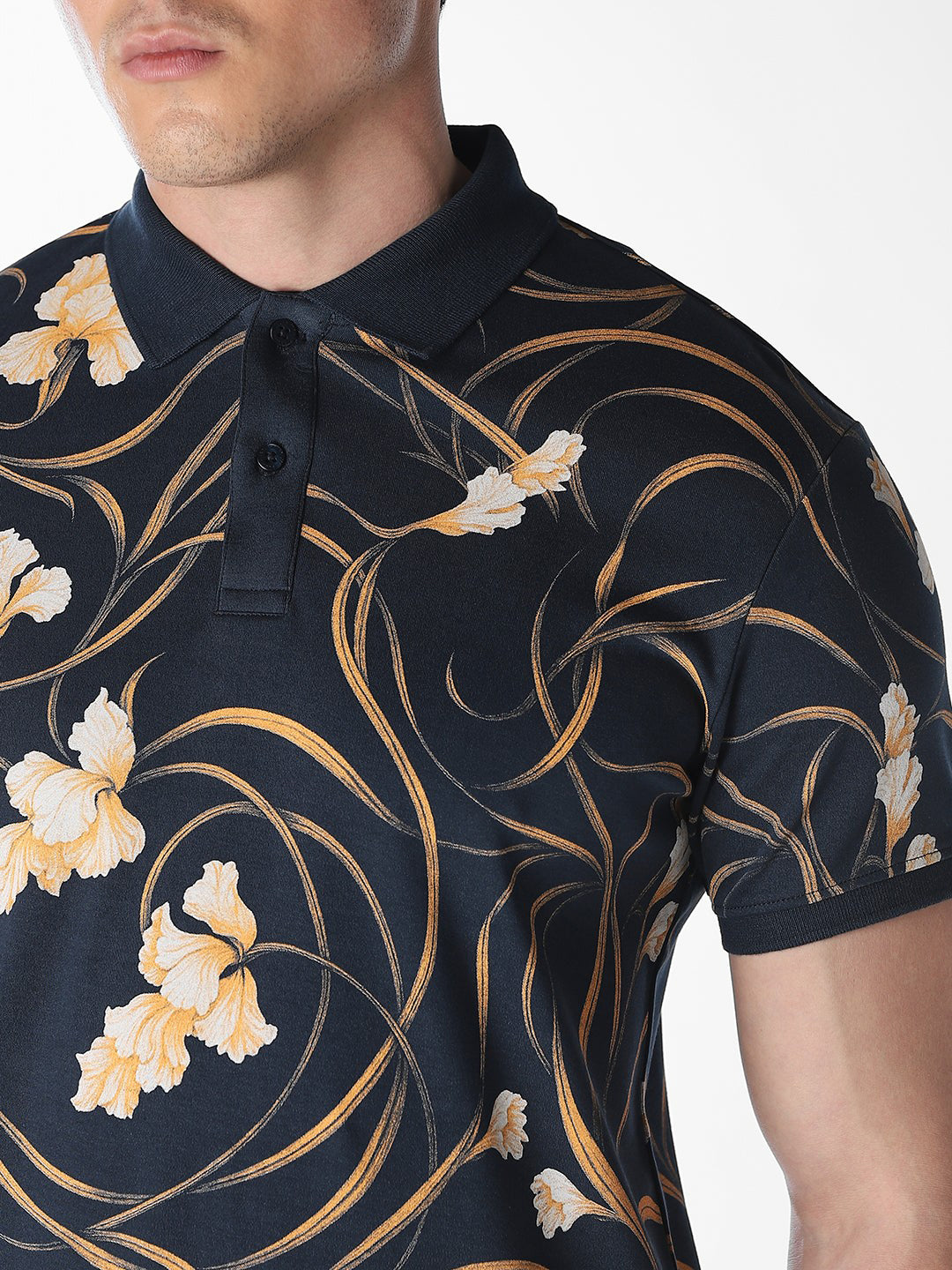 Navy Printed Cotton Polo