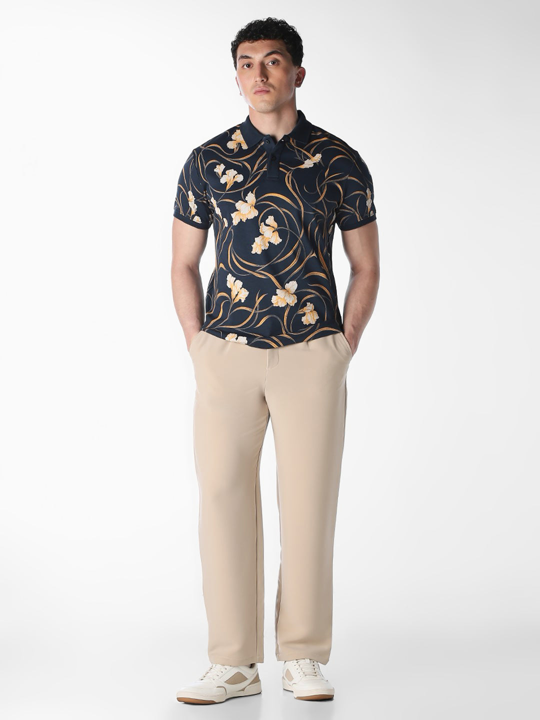 Navy Printed Cotton Polo