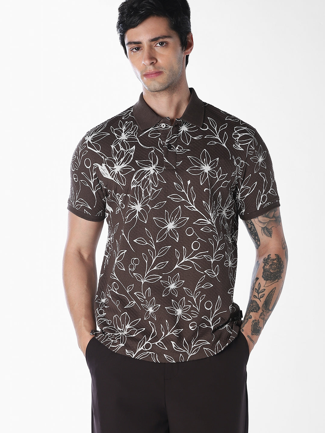 Brown Floral Print Polo