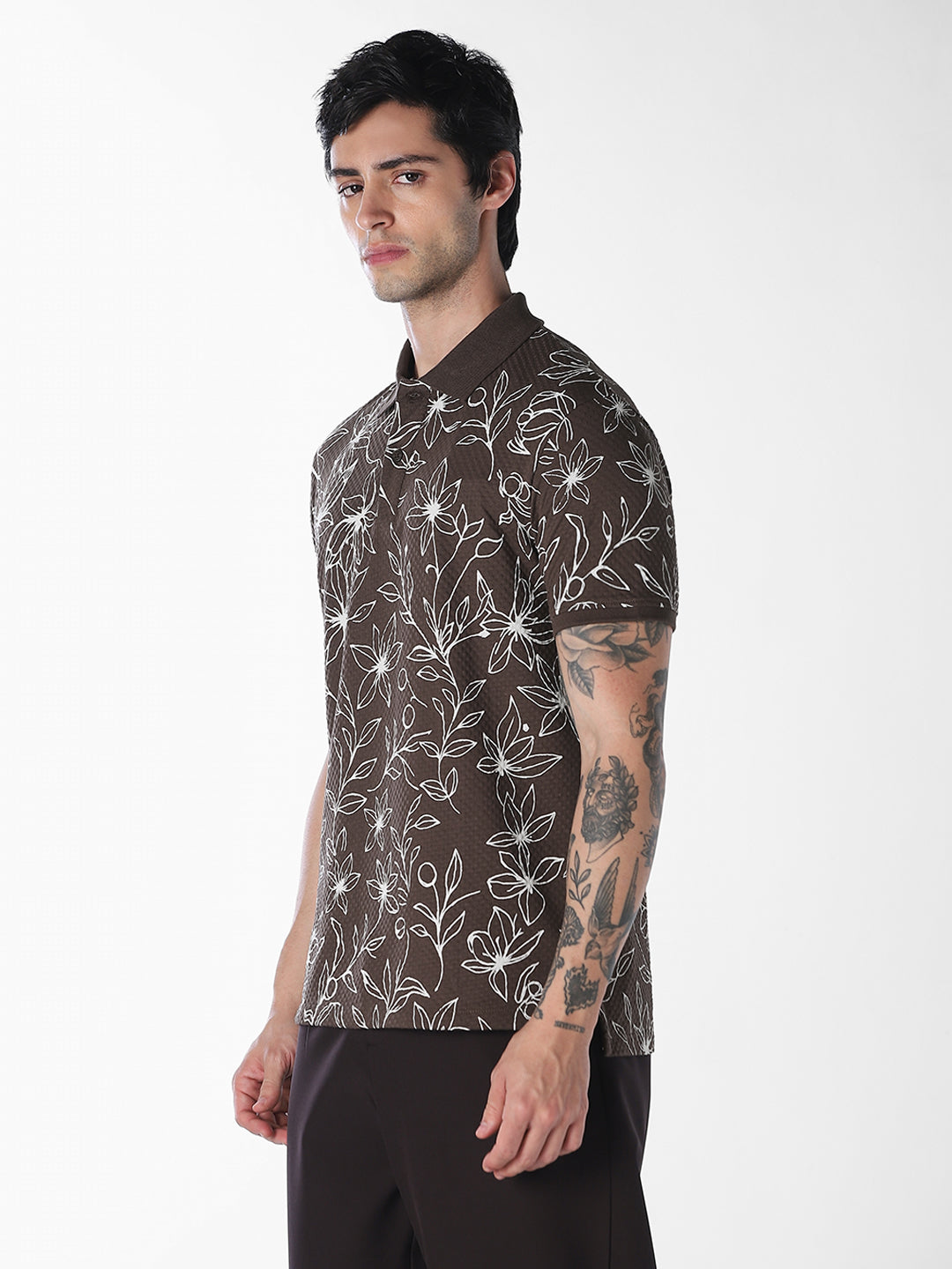 Brown Floral Print Polo