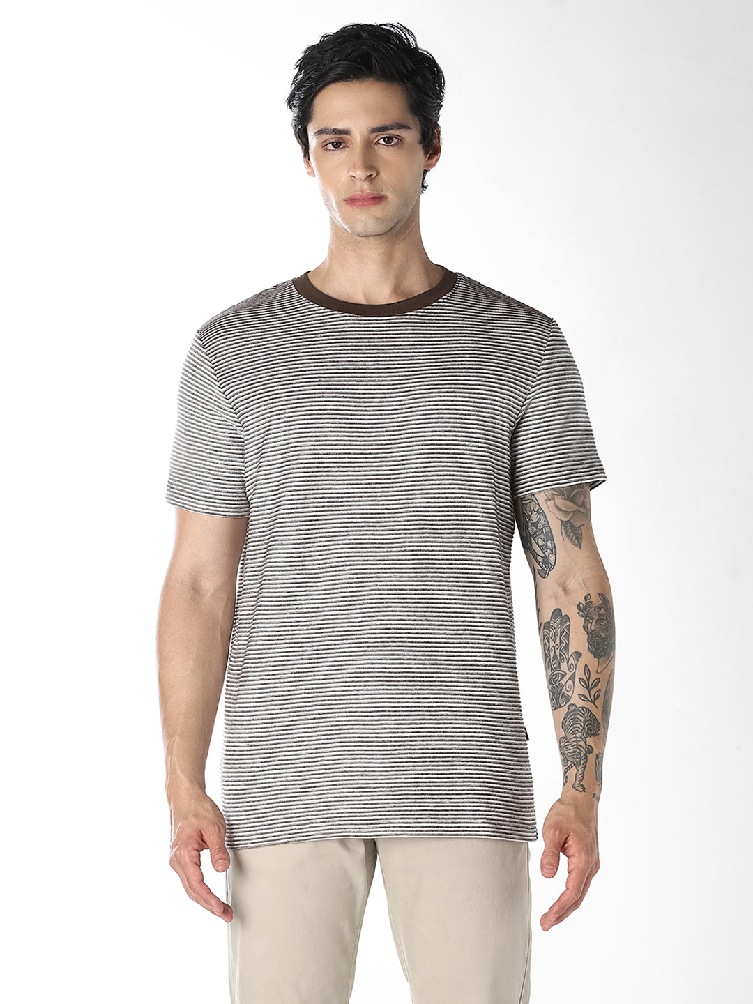 Dark Brown Striped Cotton T-shirt