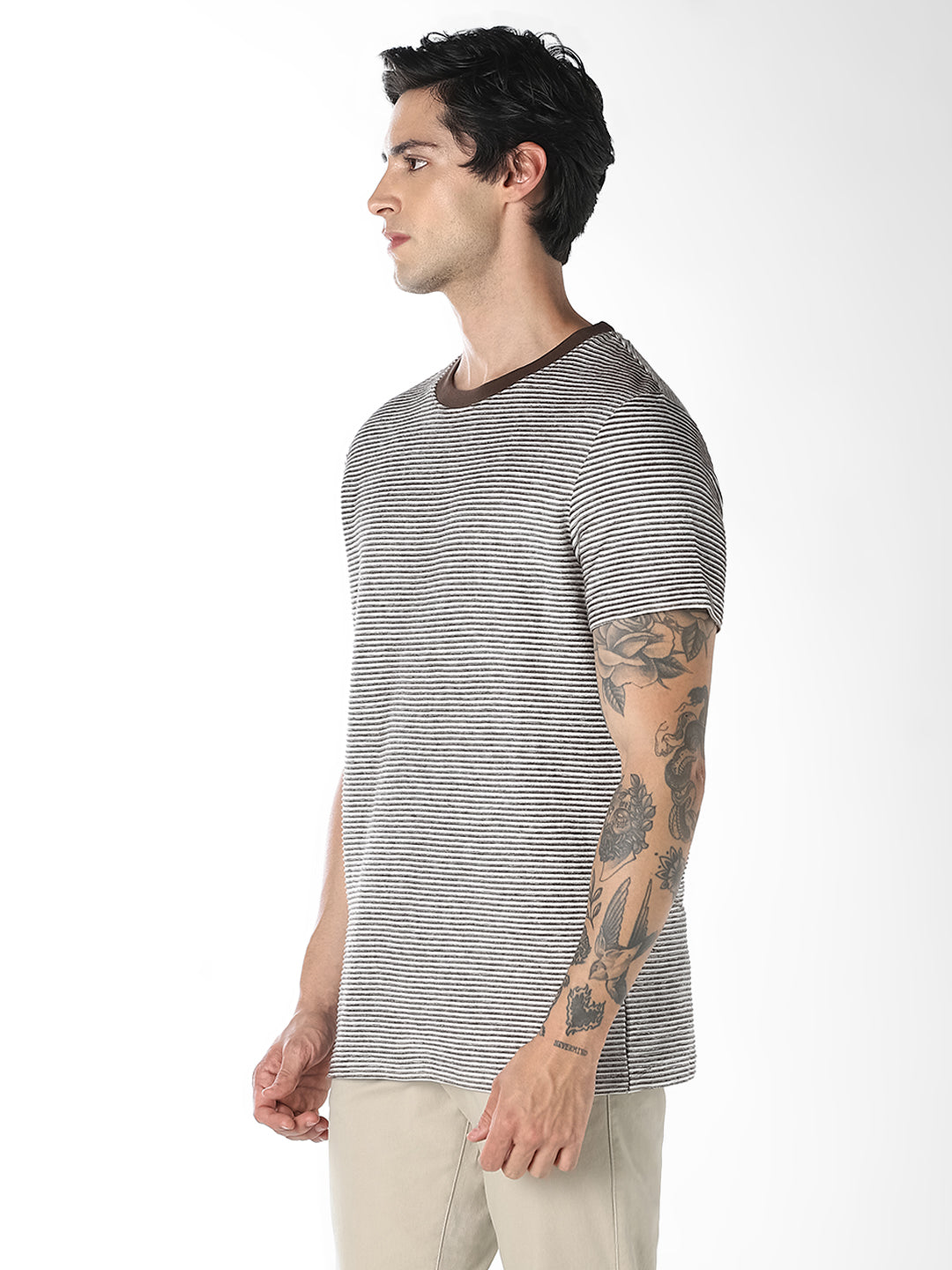 Dark Brown Striped Cotton T-shirt