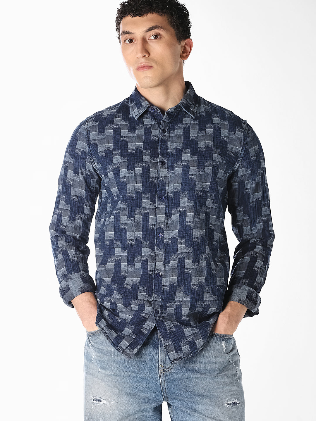 Dark Blue Printed Jacquard Shirt
