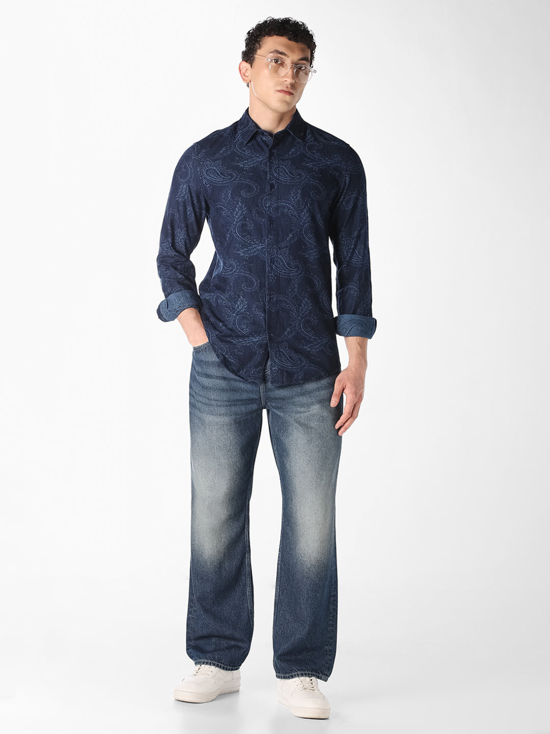 Dark Blue Printed Slim Fit Shirt