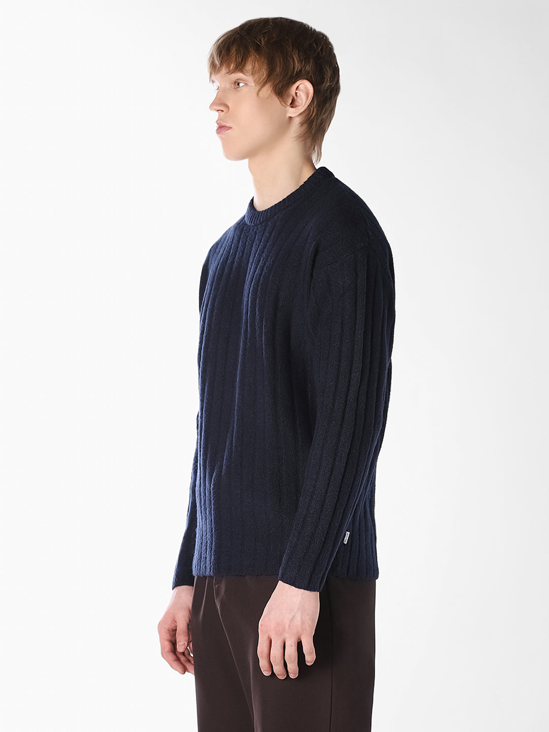 Textured Knitted Crew Neck Pullover