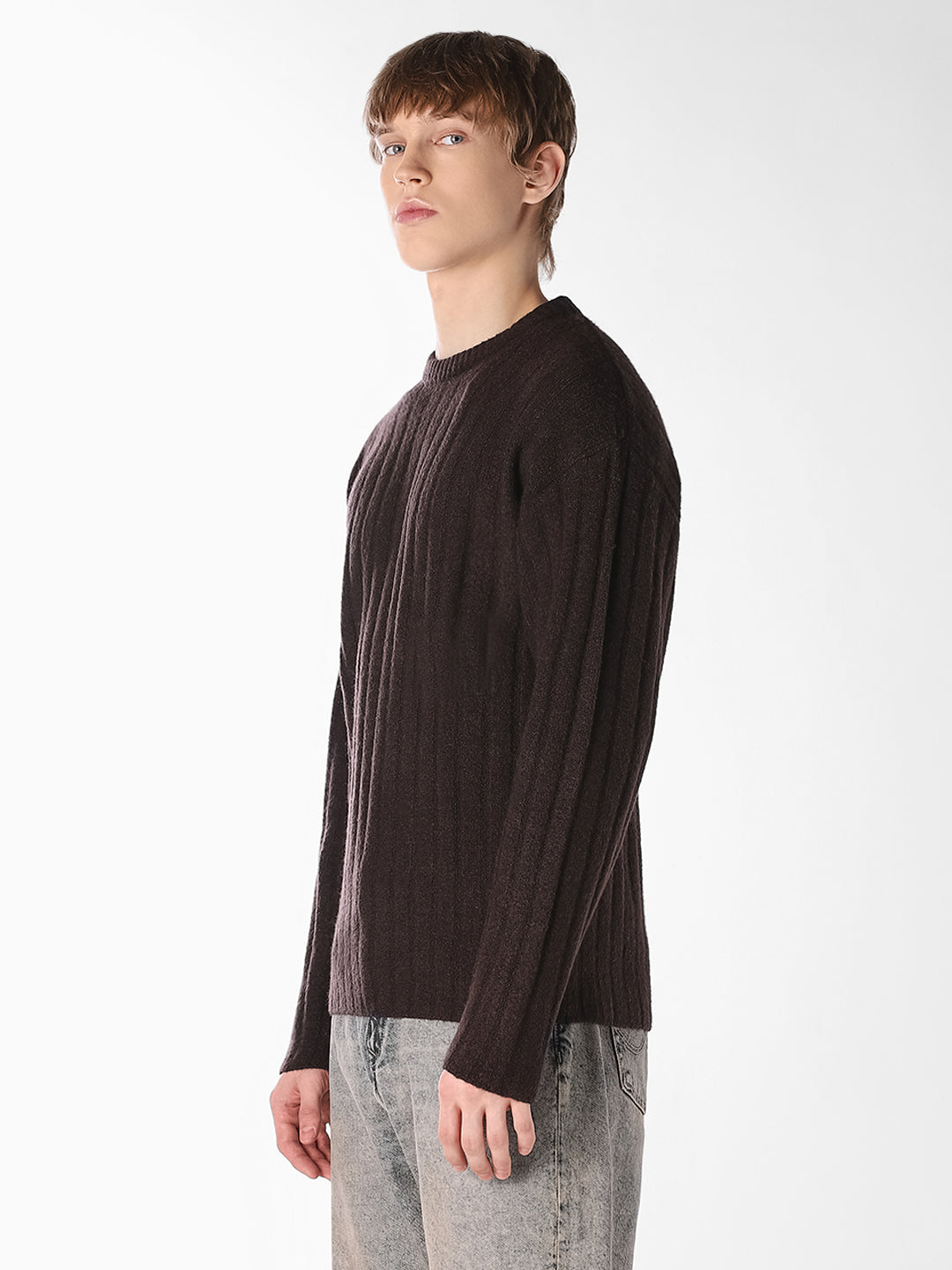 Brown Textured Knitted Crew Neck Pullover