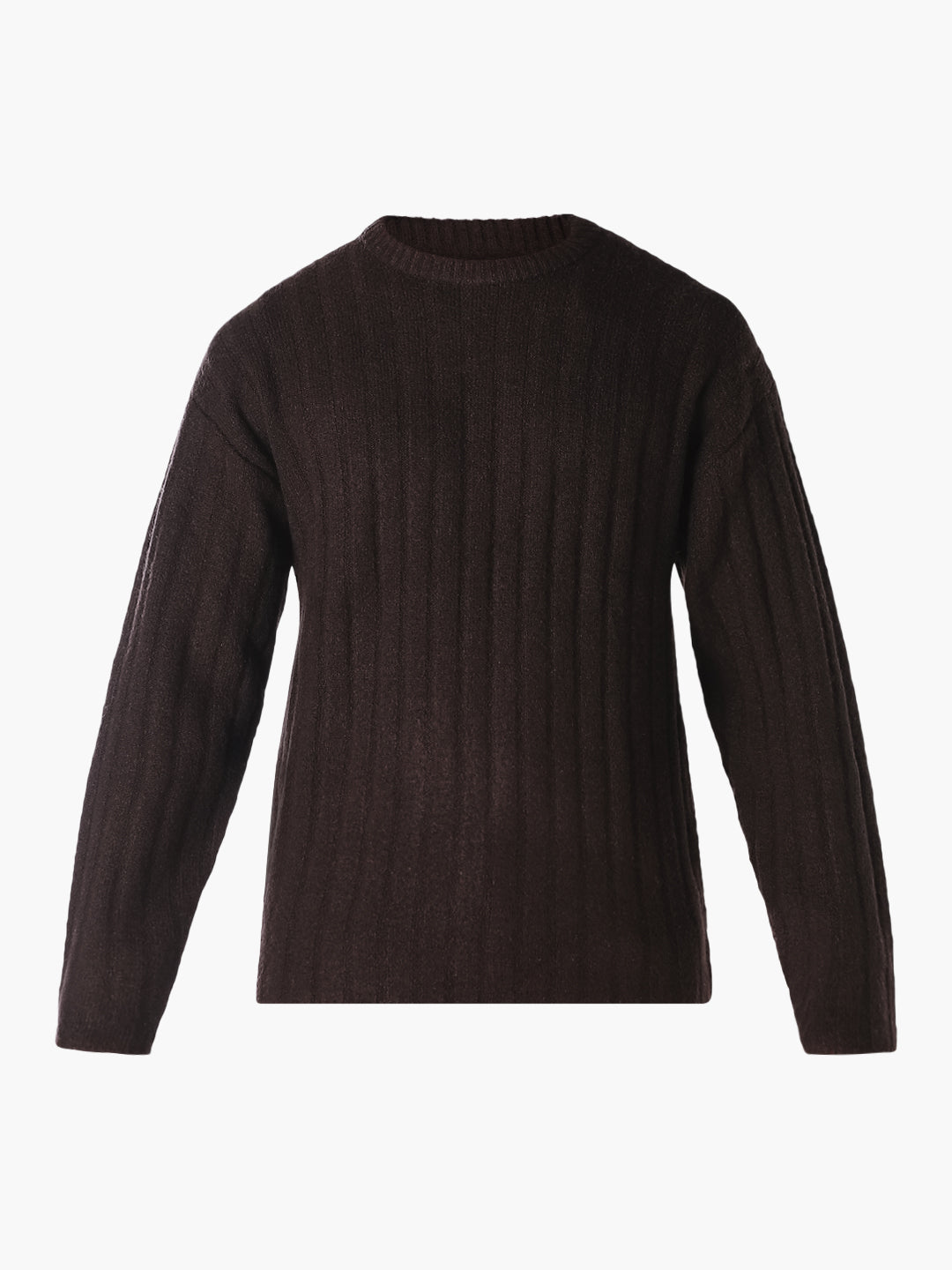 Brown Textured Knitted Crew Neck Pullover