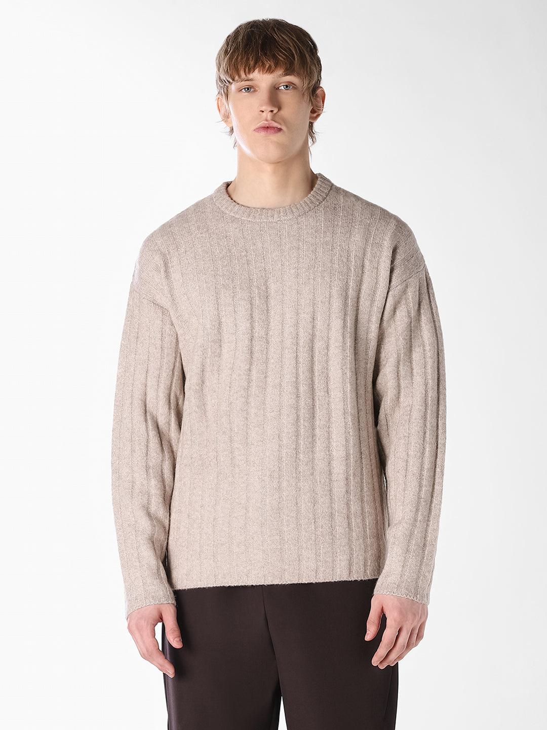 Beige Textured Knitted Crew Neck Pullover