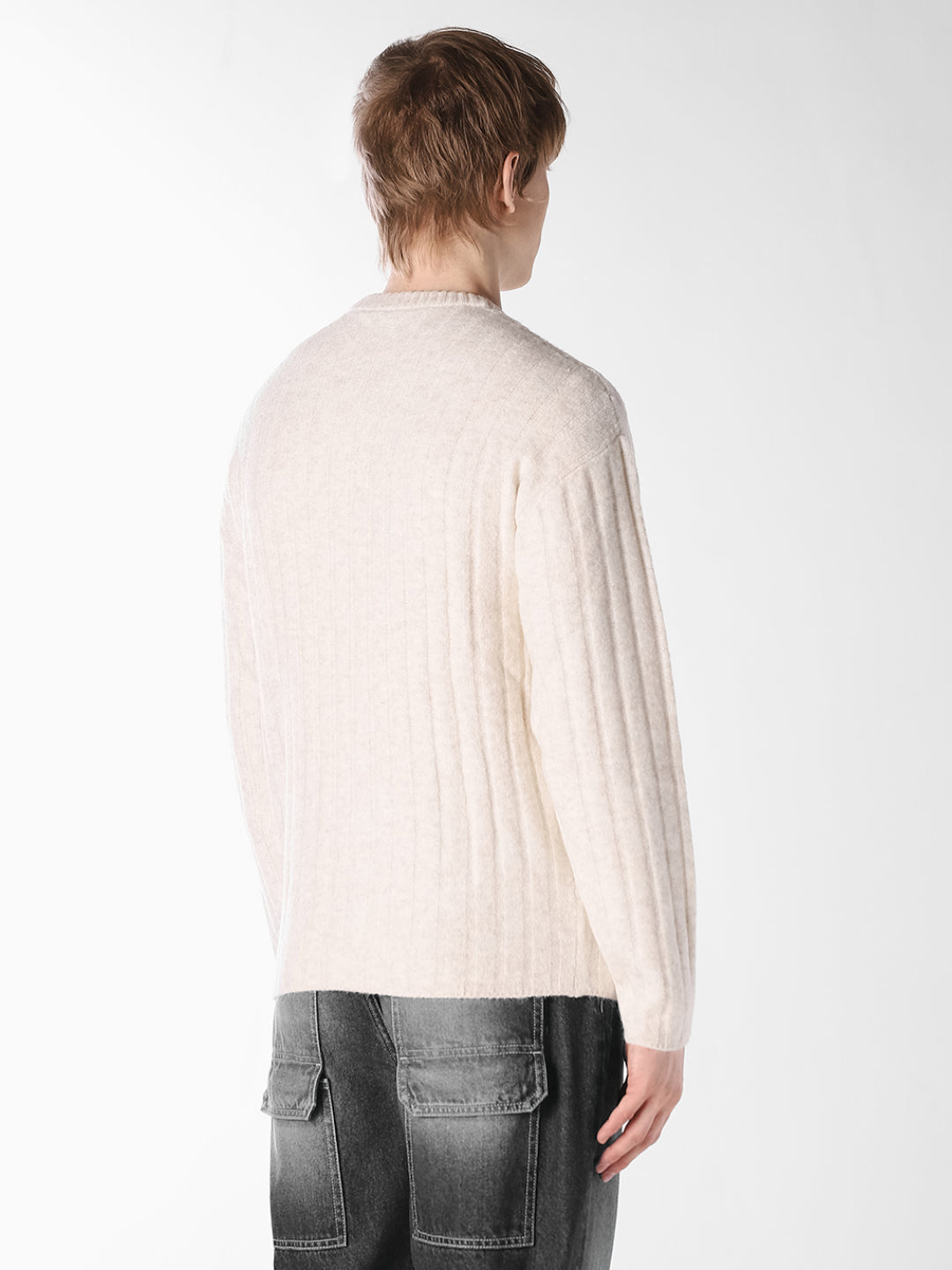Cream Textured Knitted Crew Neck Pullover