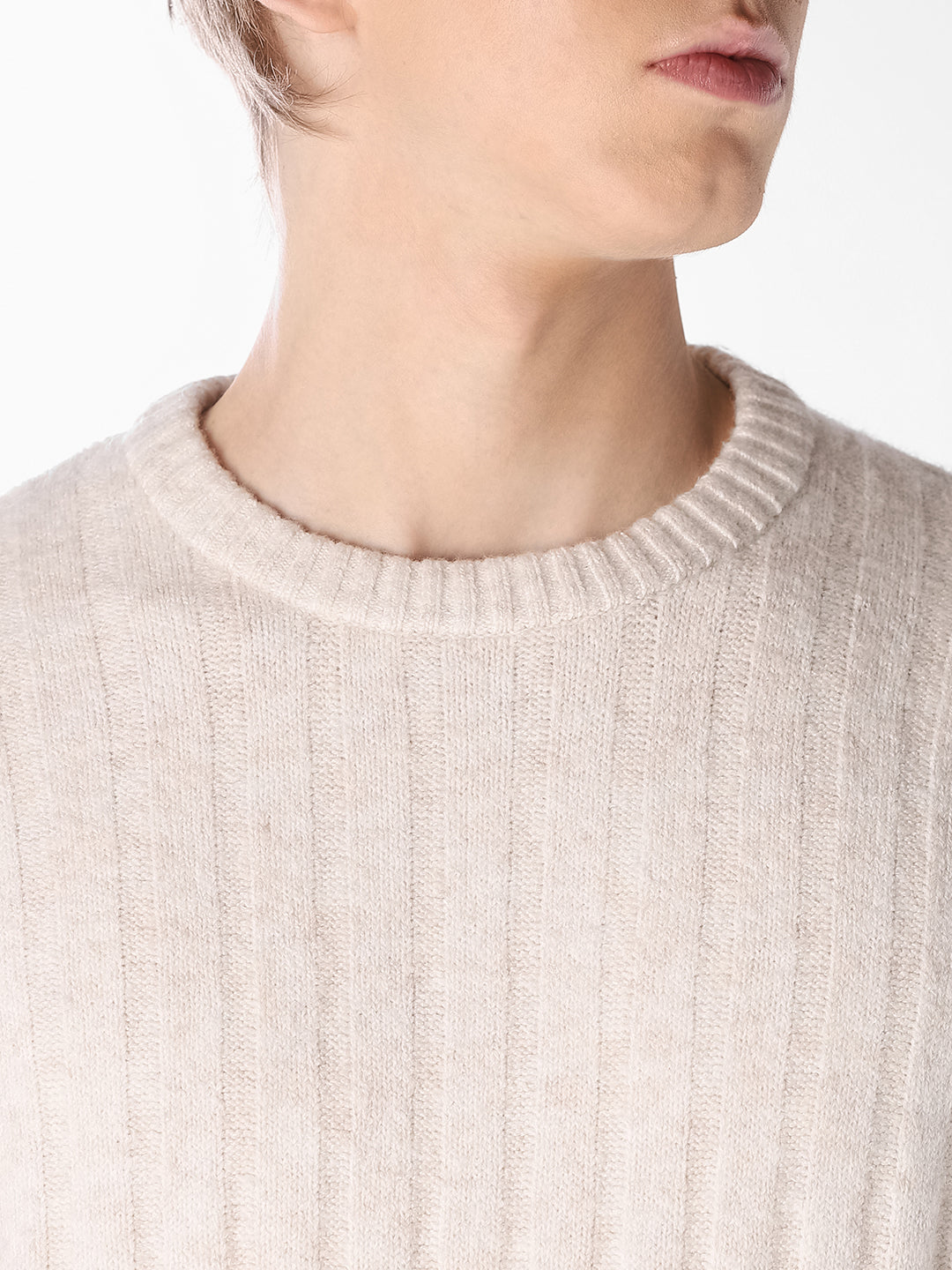 Cream Textured Knitted Crew Neck Pullover