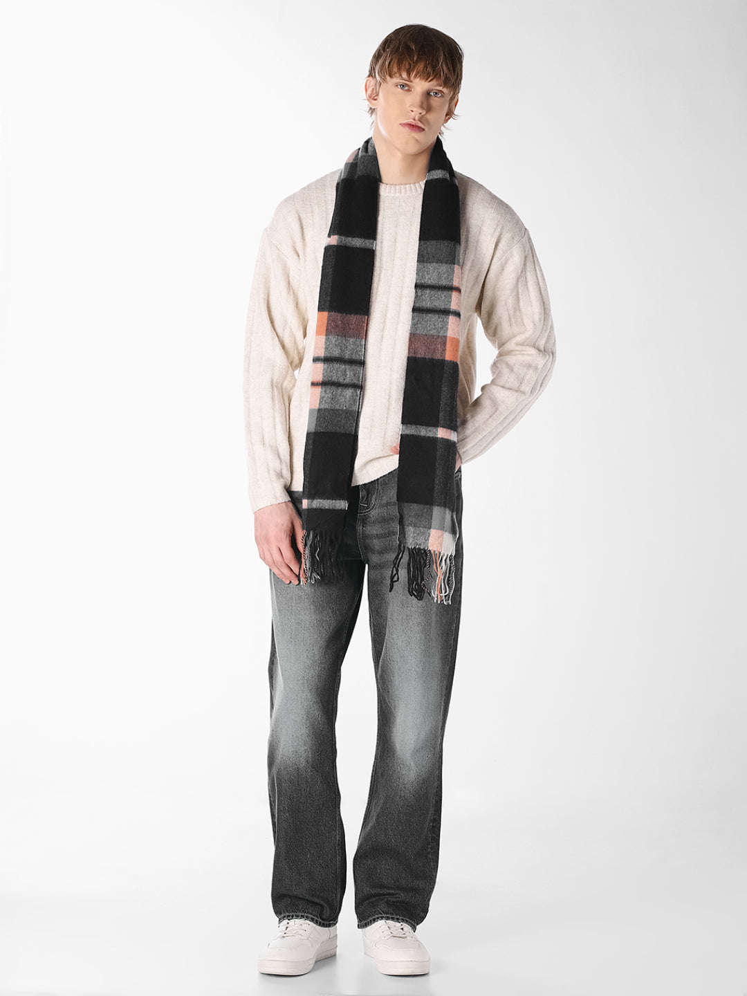 Cream Textured Knitted Crew Neck Pullover