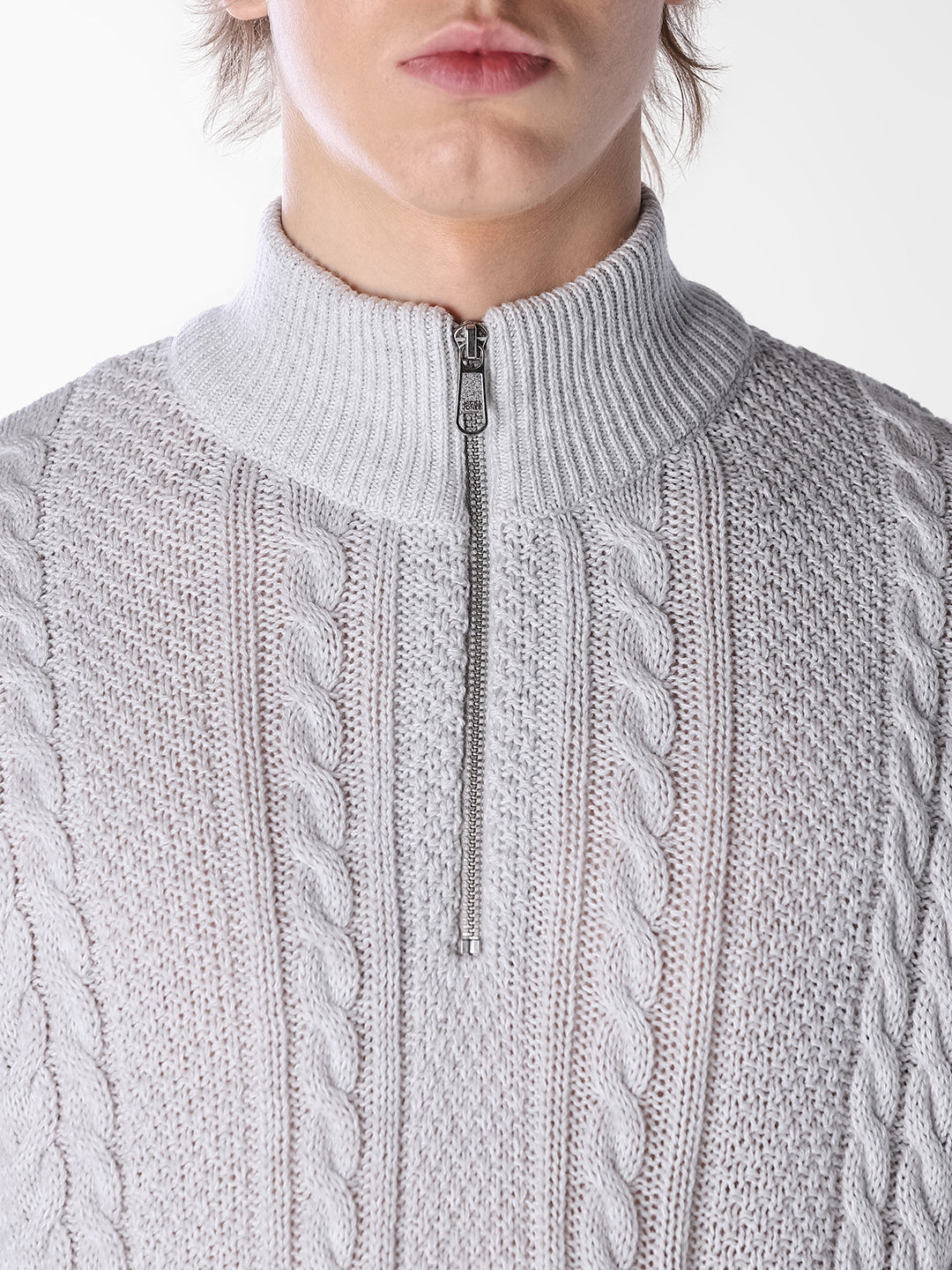 White Melange Cable-knit Pullover