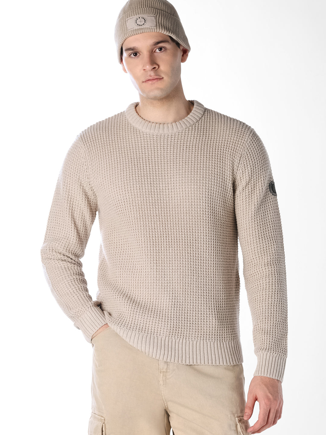 Beige Jacquard Crew Neck Pullover