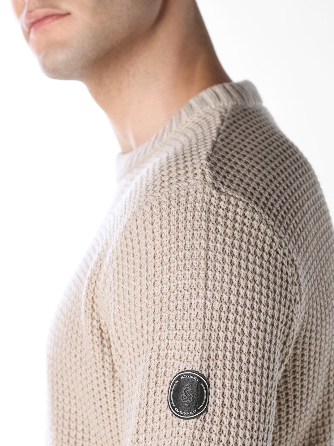 Beige Jacquard Crew Neck Pullover