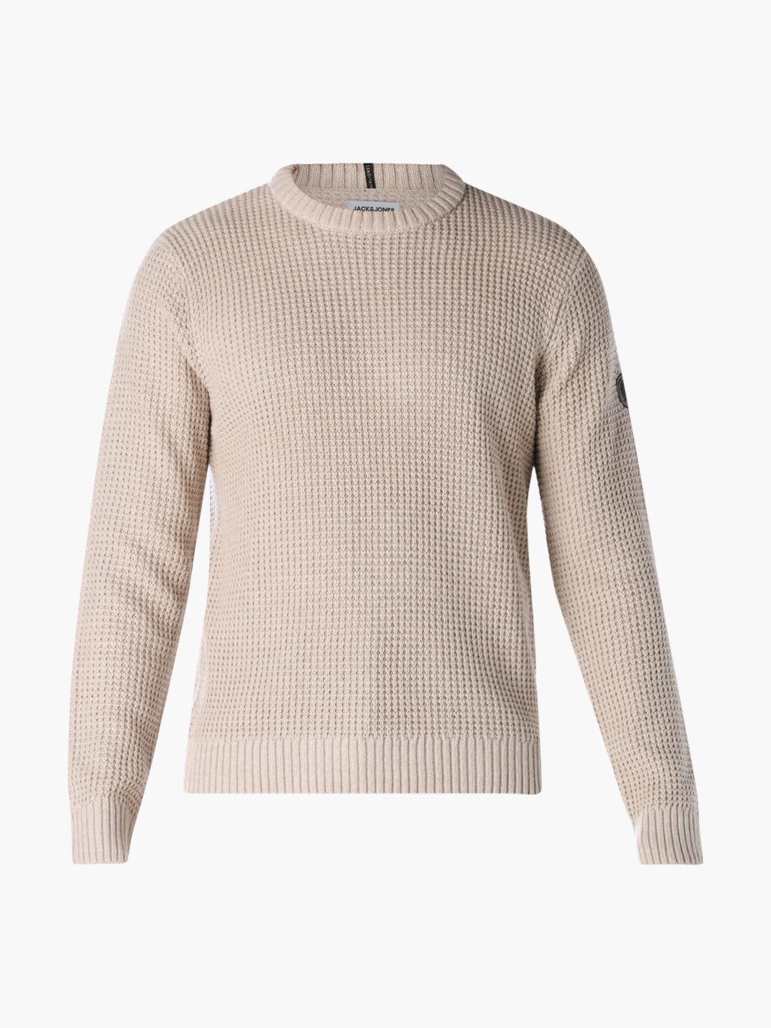 Beige Jacquard Crew Neck Pullover