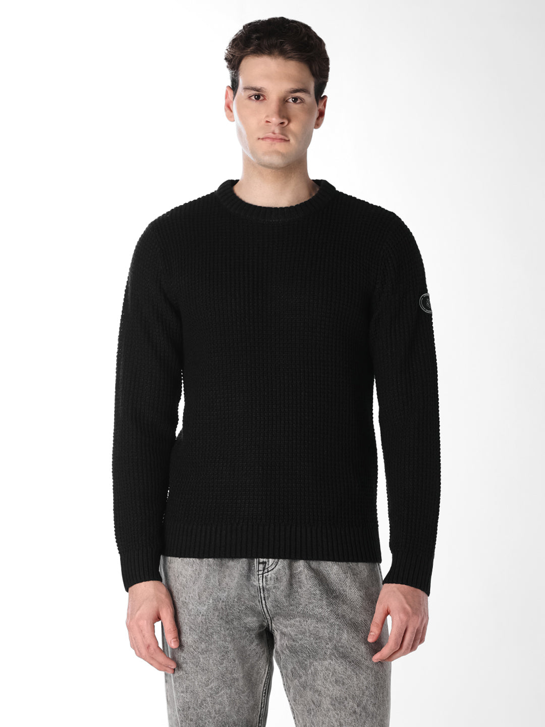 Black Jacquard Crew Neck Pullover