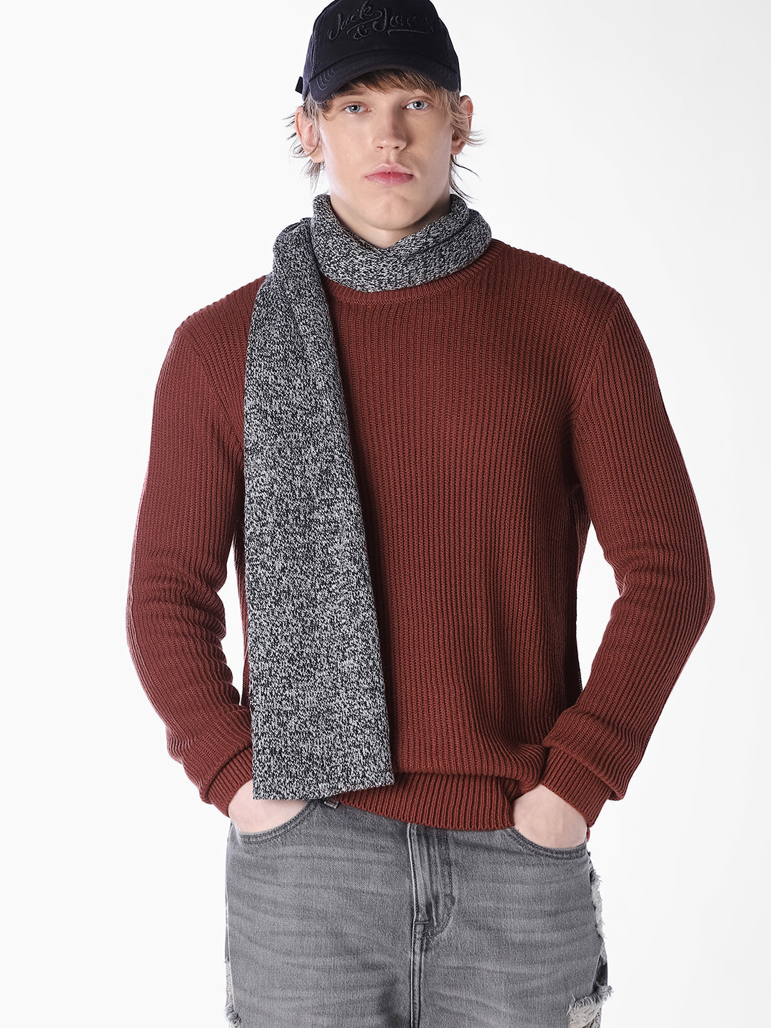 Brown Jacquard Regular Fit T-shirt