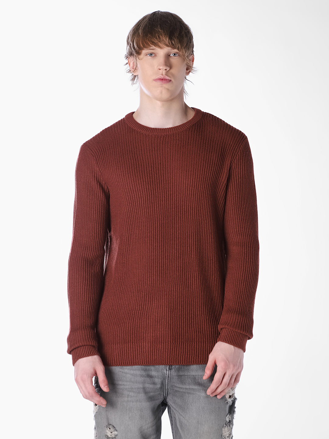 Brown Jacquard Regular Fit T-shirt