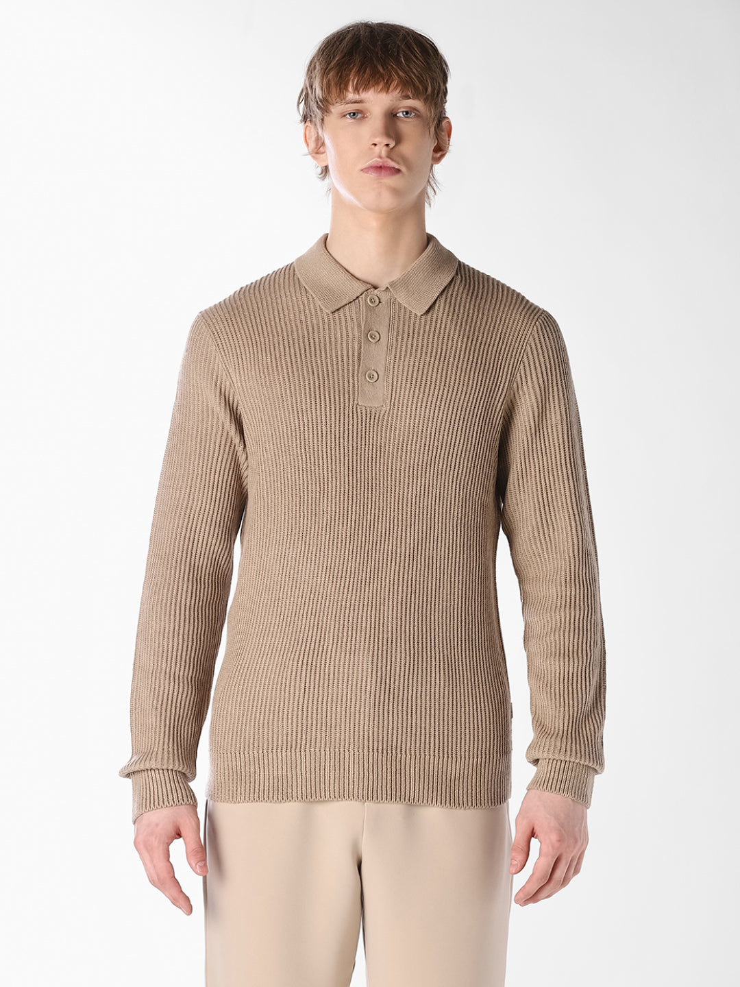 Beige Jacquard Knitted Polo