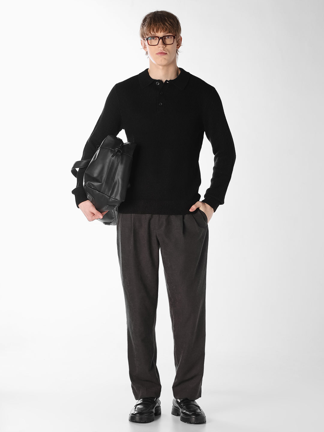 Black Jacquard Knitted Polo
