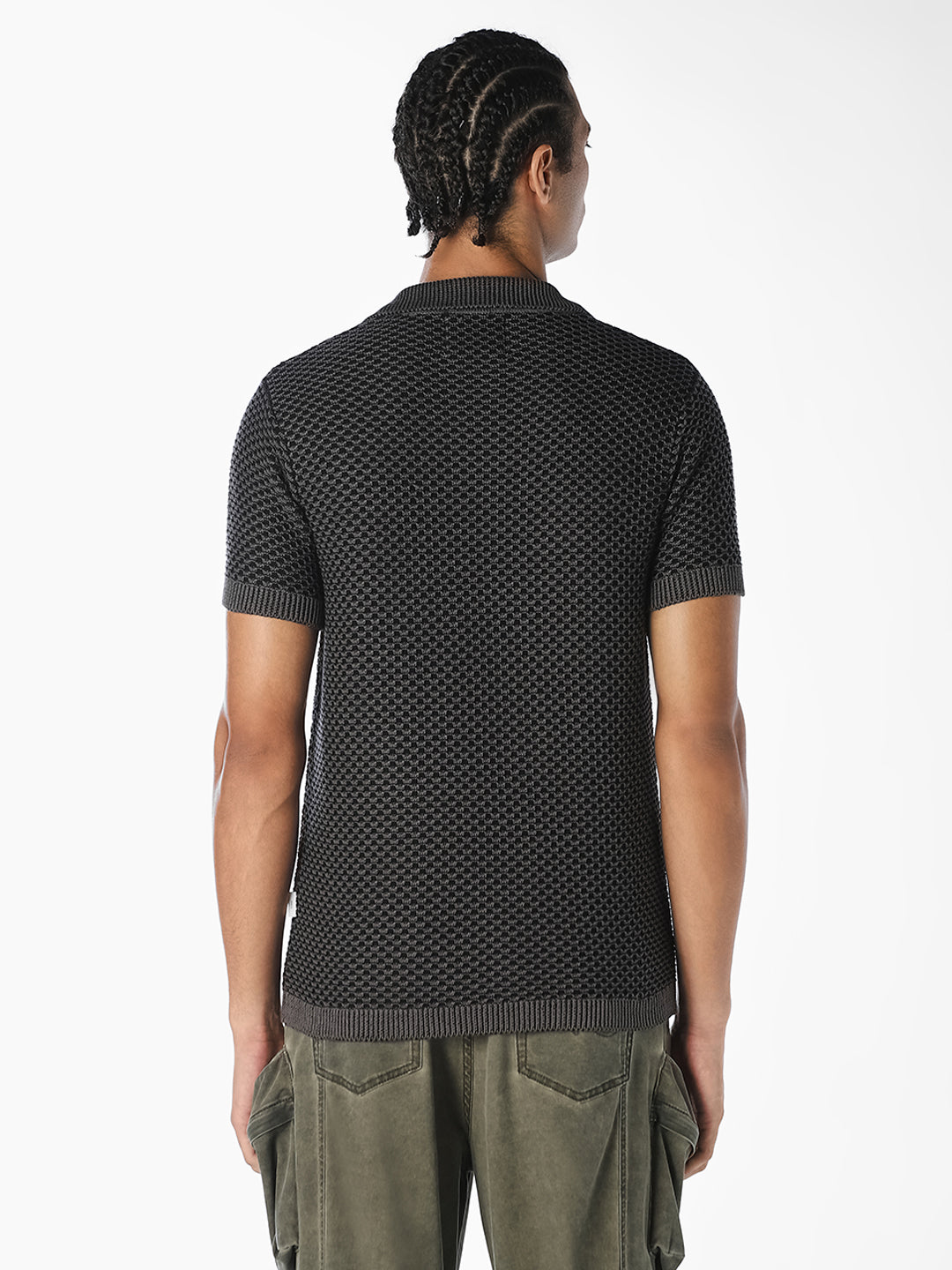 Charcoal Grey Textured Knitted Polo