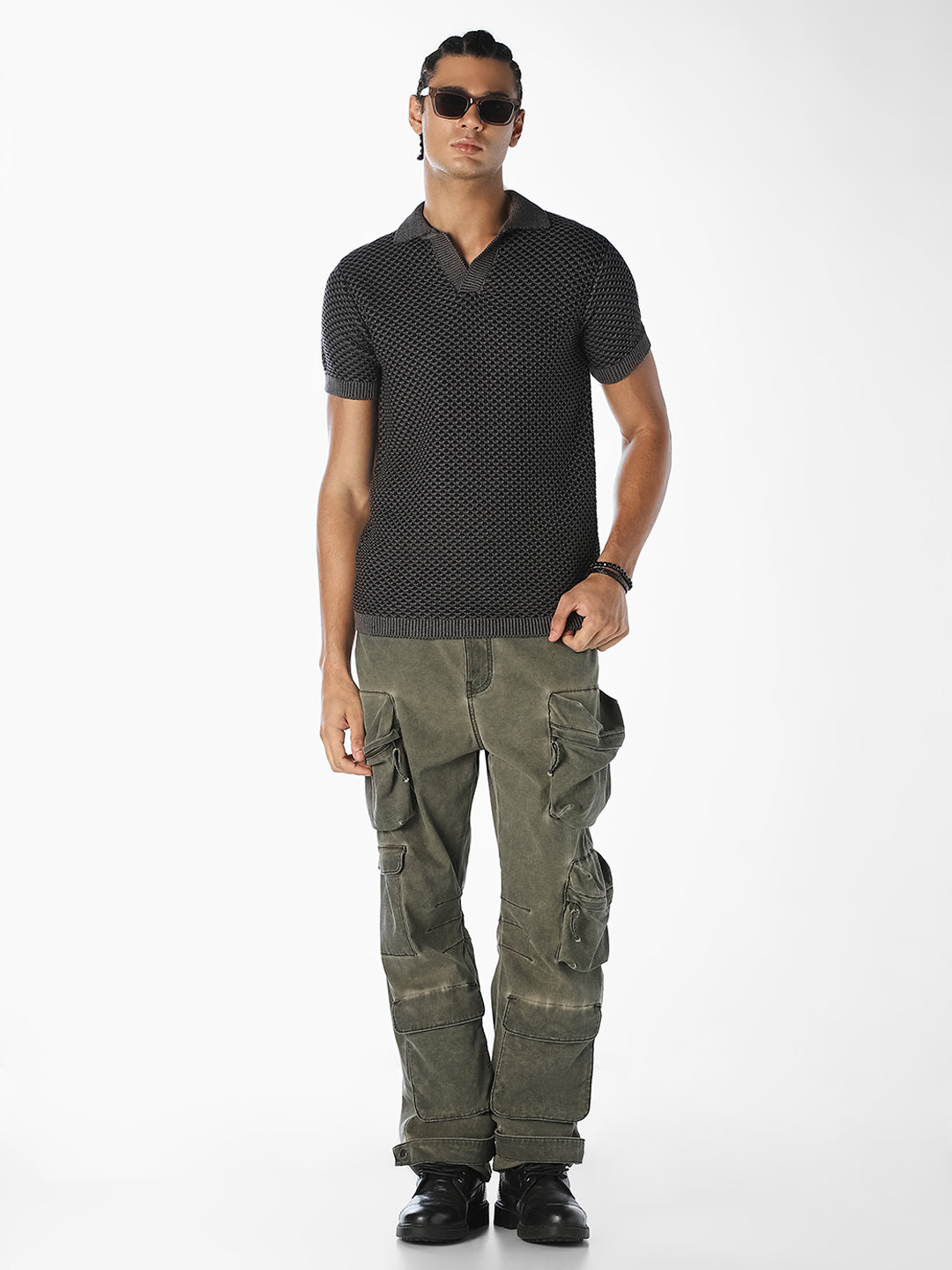 Charcoal Grey Textured Knitted Polo