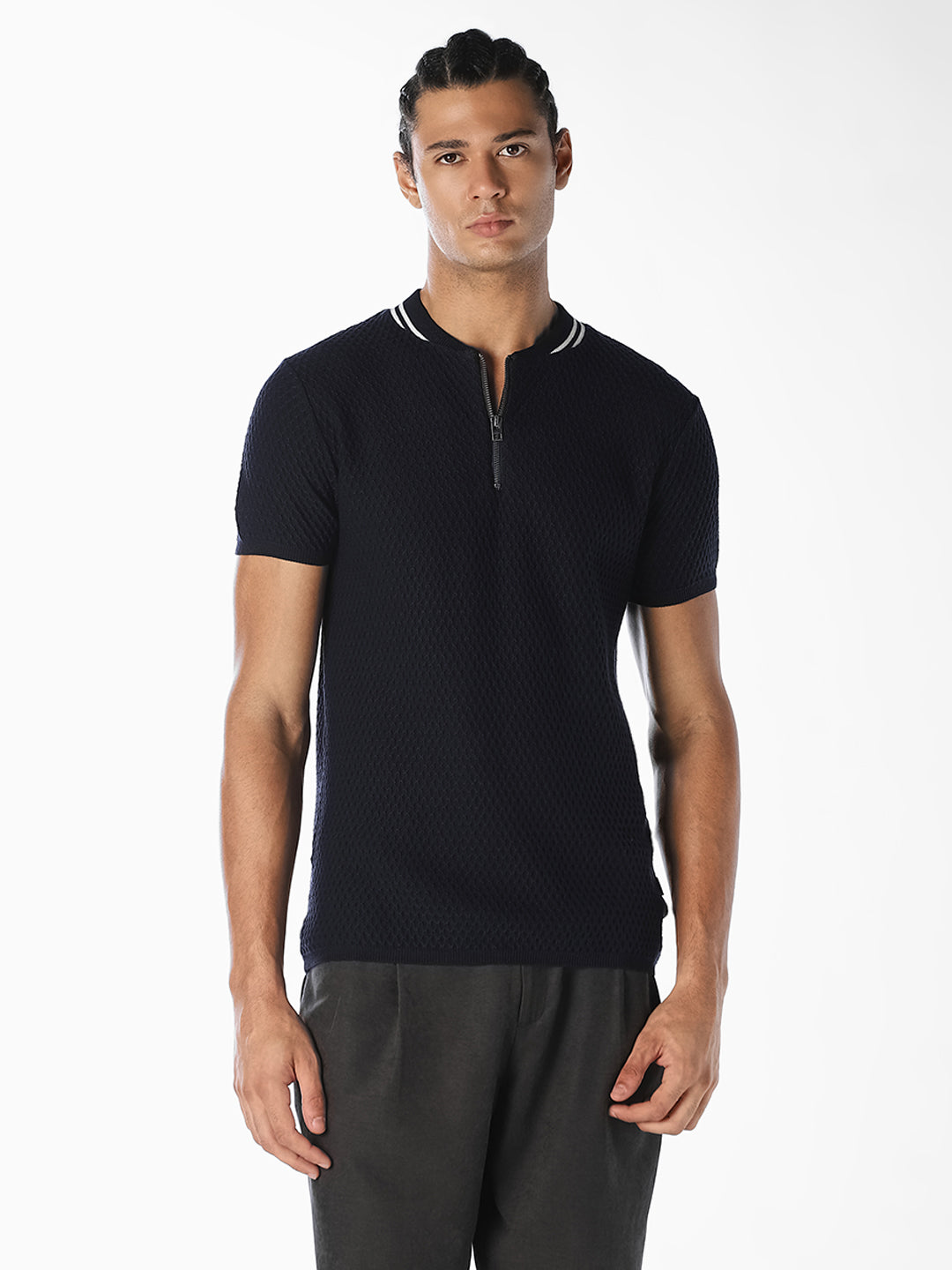 Navy Textured Zip-Neck T-Shirt