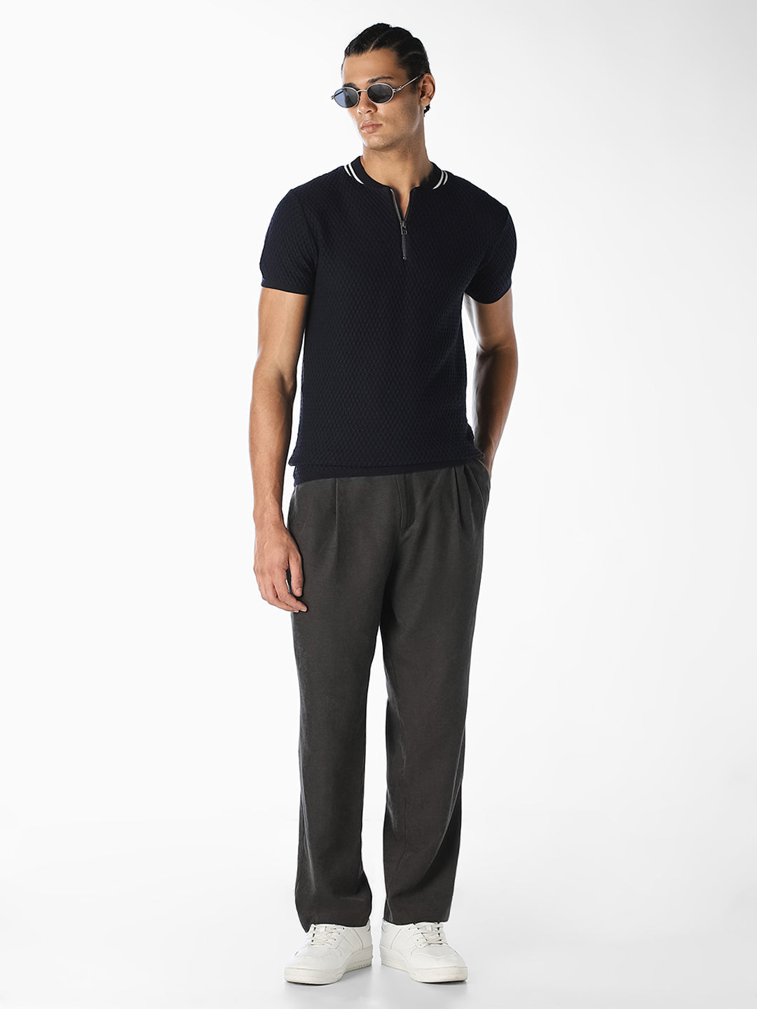 Navy Textured Zip-Neck T-Shirt