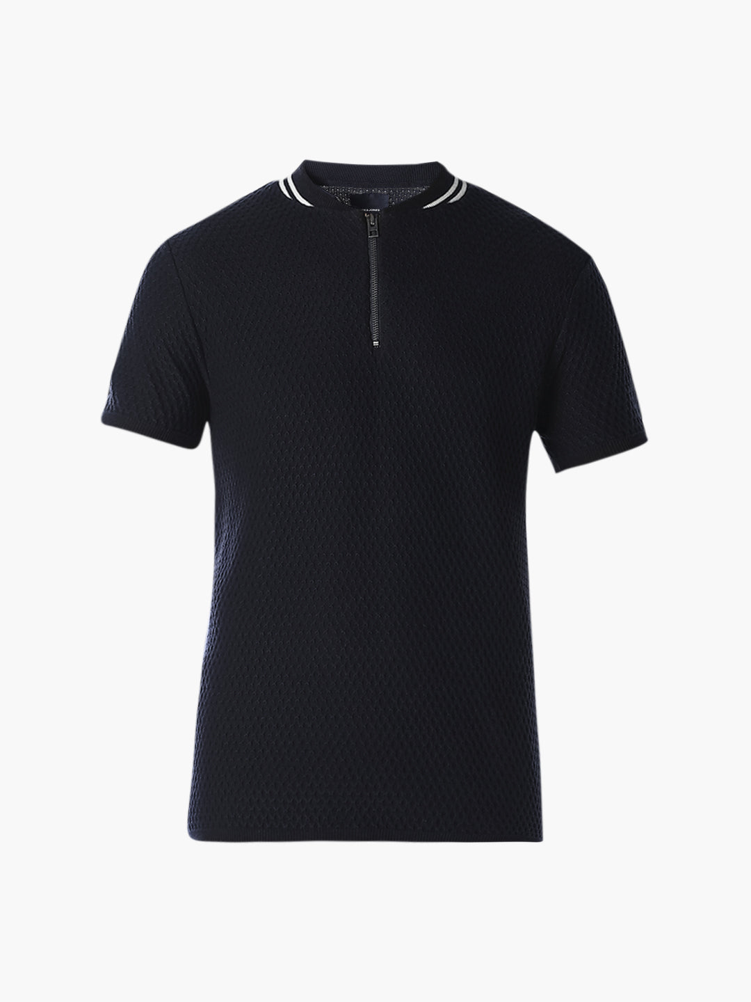 Navy Textured Zip-Neck T-Shirt